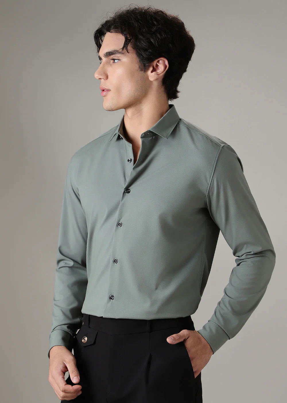 Green Plain Wrinkle Free Shirt - Image 5