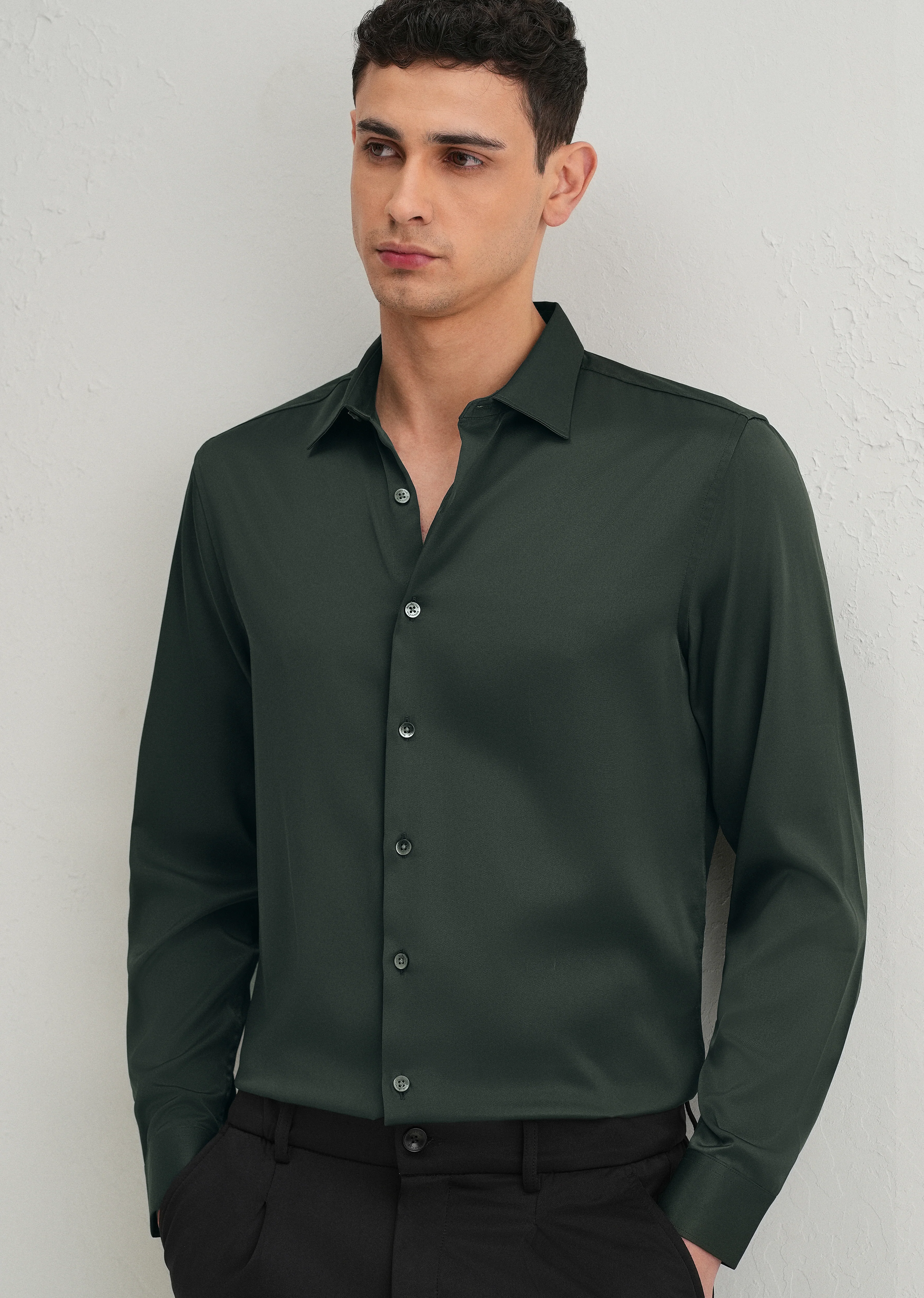 Green Premium Satin-Finish Plain Shirt - Image 8