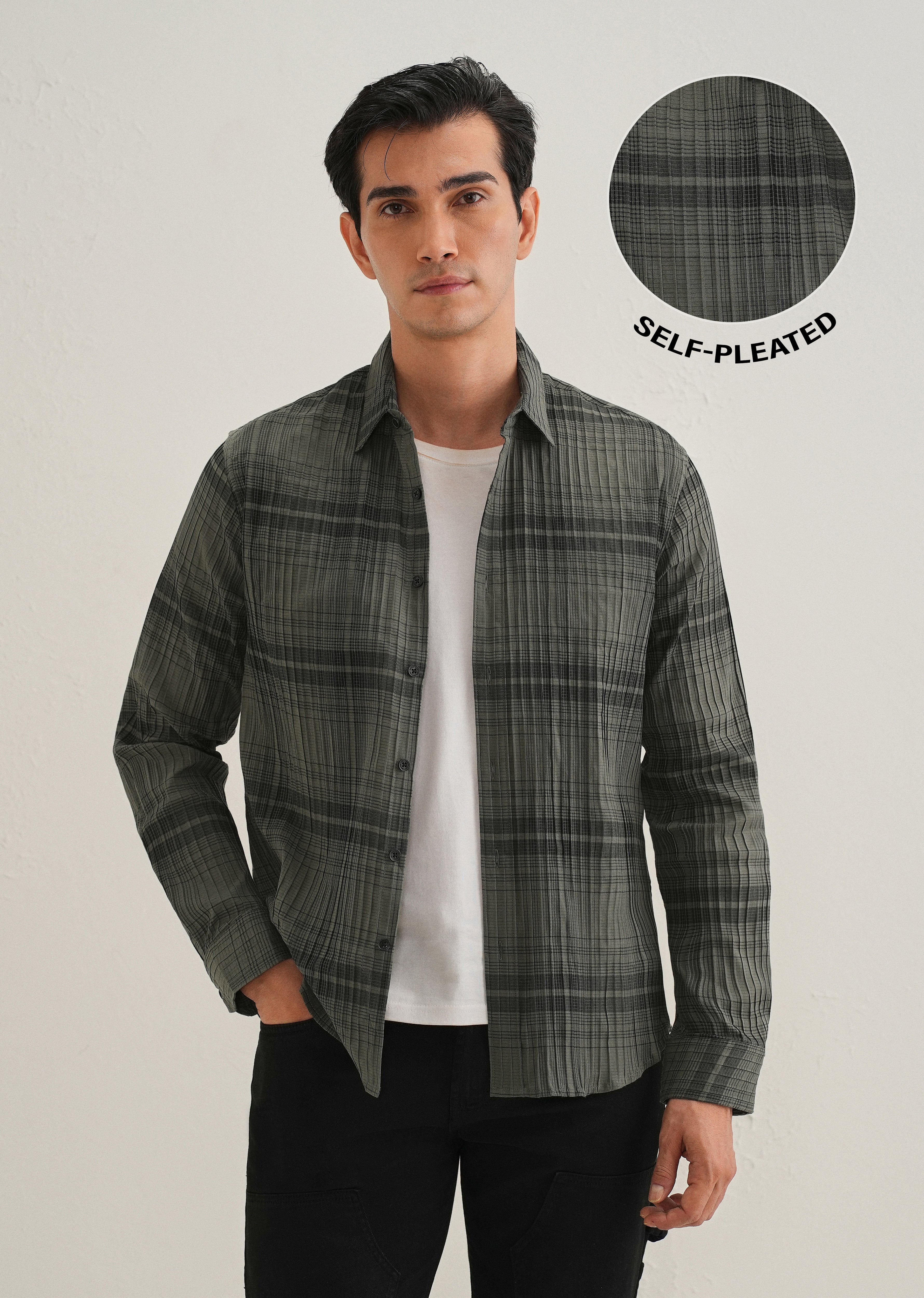 Green Self-Pleated Check Shirt - Image 2