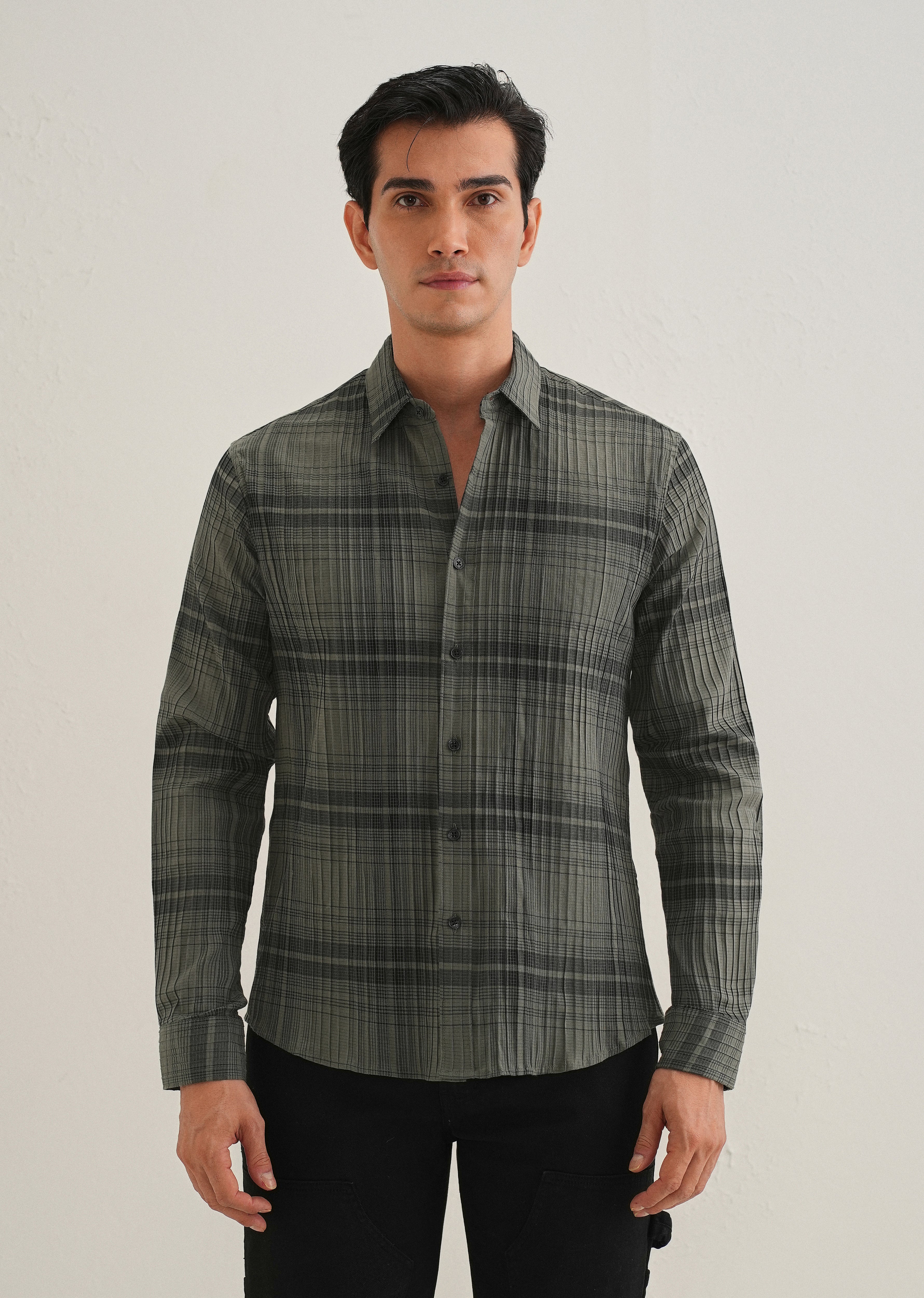 Green Self-Pleated Check Shirt - Image 3