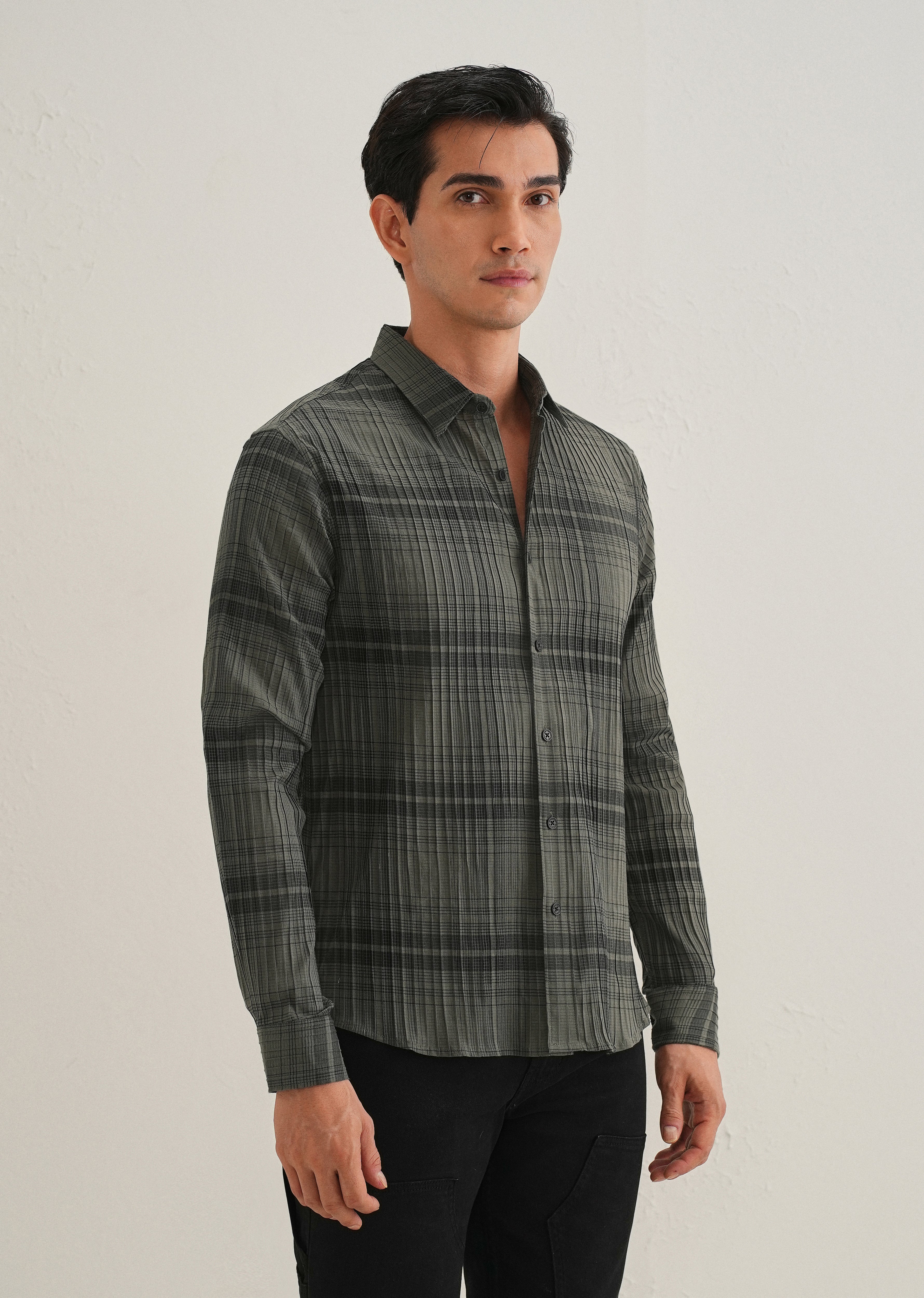 Green Self-Pleated Check Shirt - Image 5