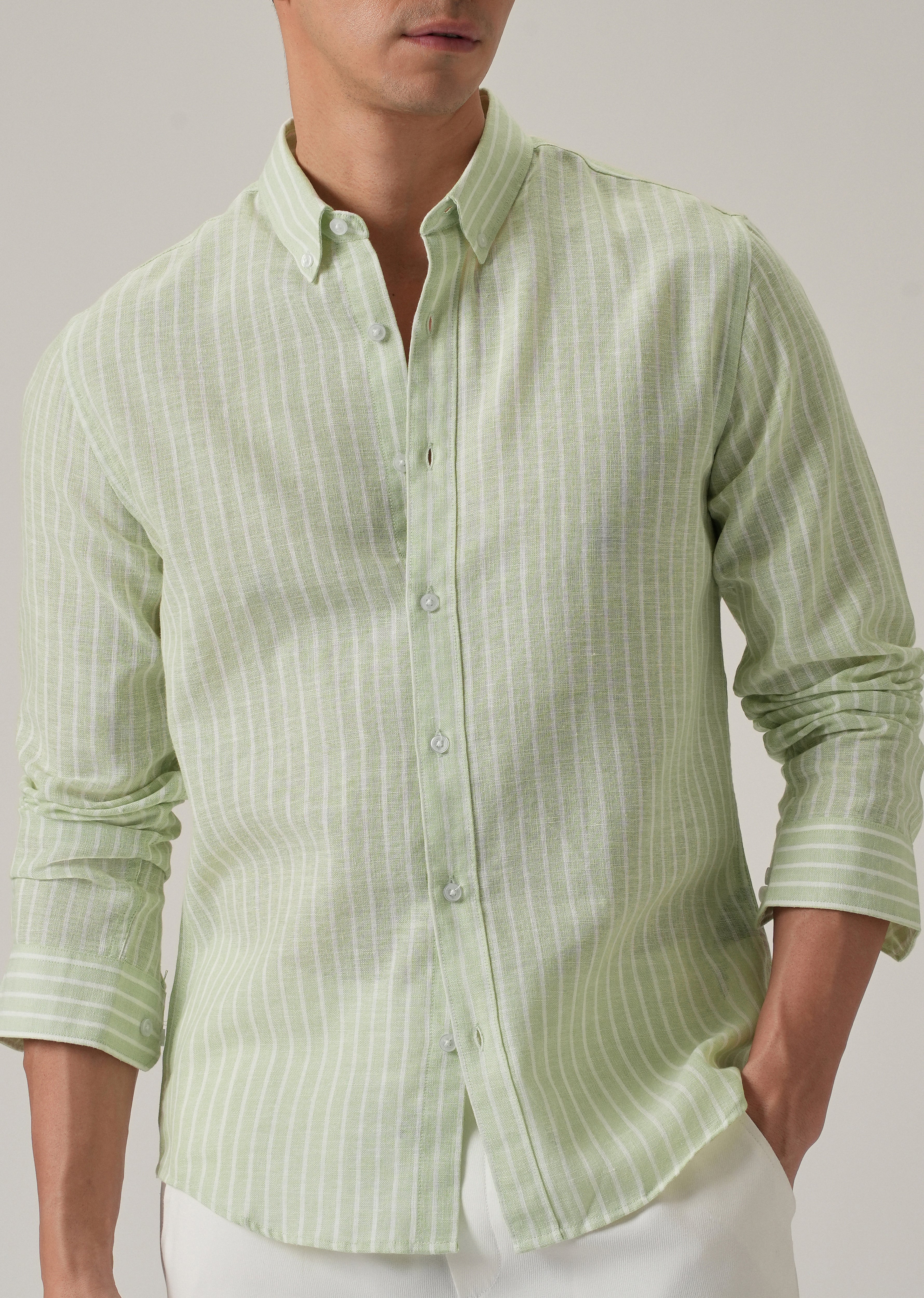 Green Stripe Linen Shirt - Image 8