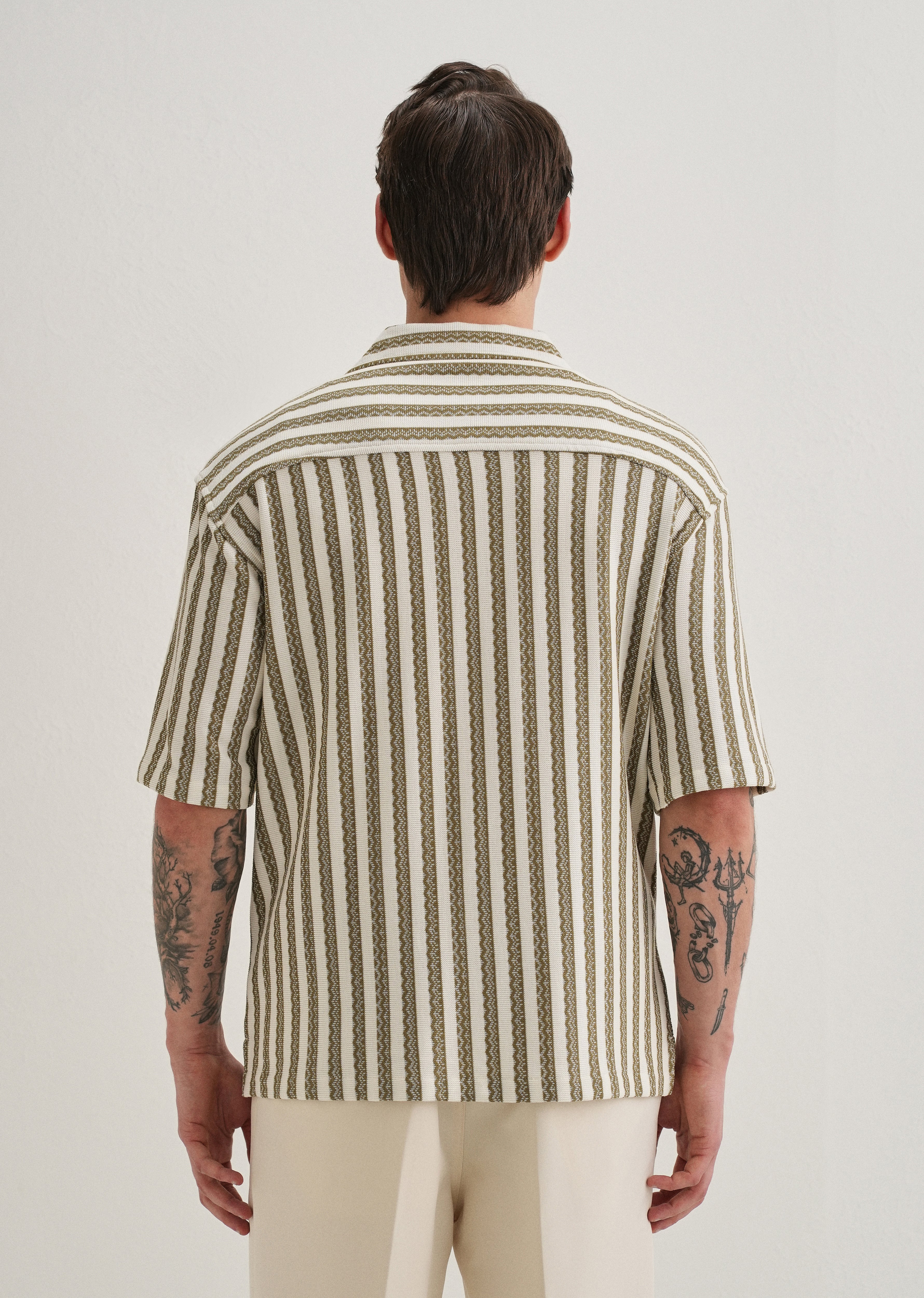 Green Striped Knit Cuban Collar Shirt - Image 2