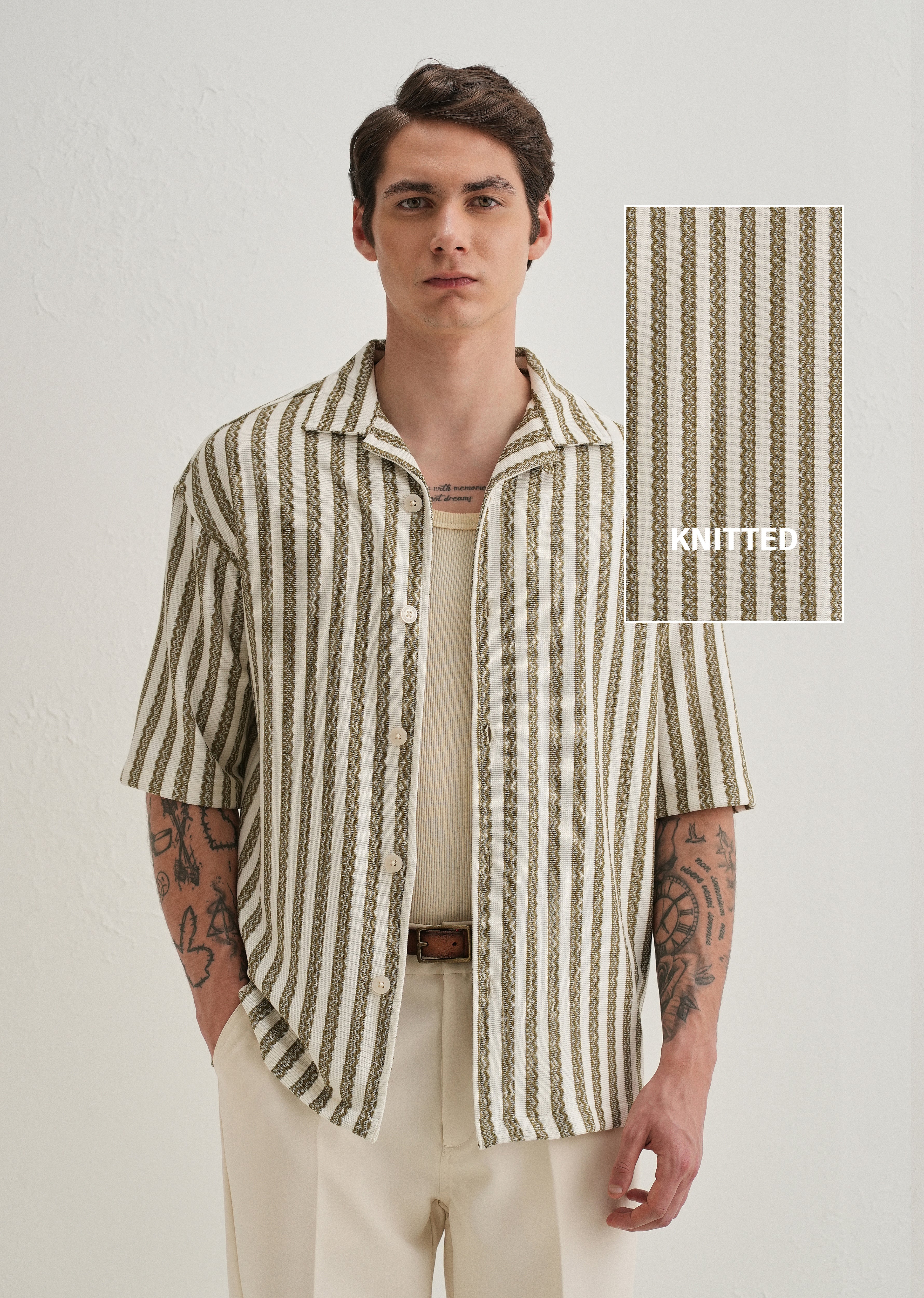 Green Striped Knit Cuban Collar Shirt - Image 7