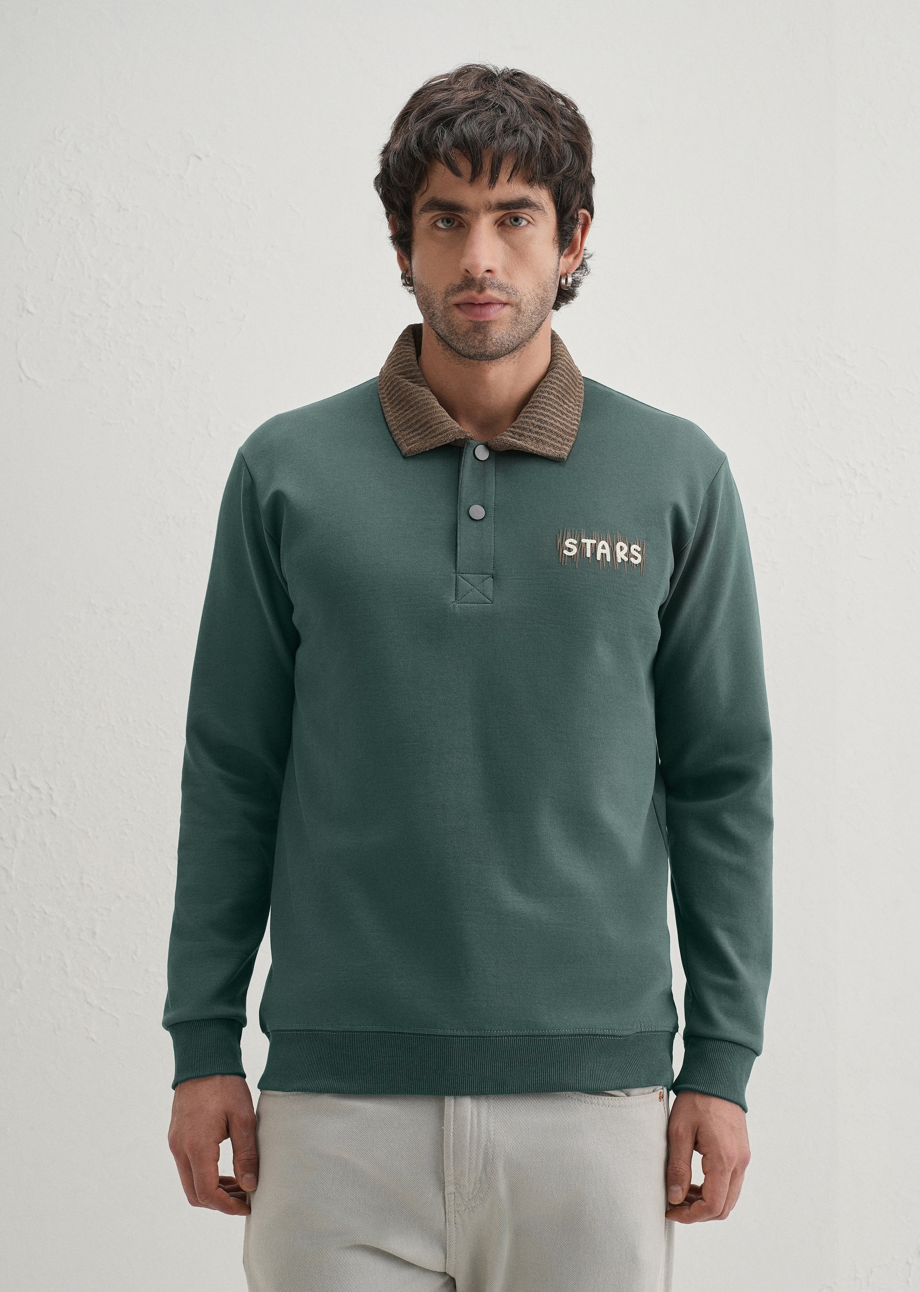 Green Suede Collared Polo Sweatshirt - Image 3