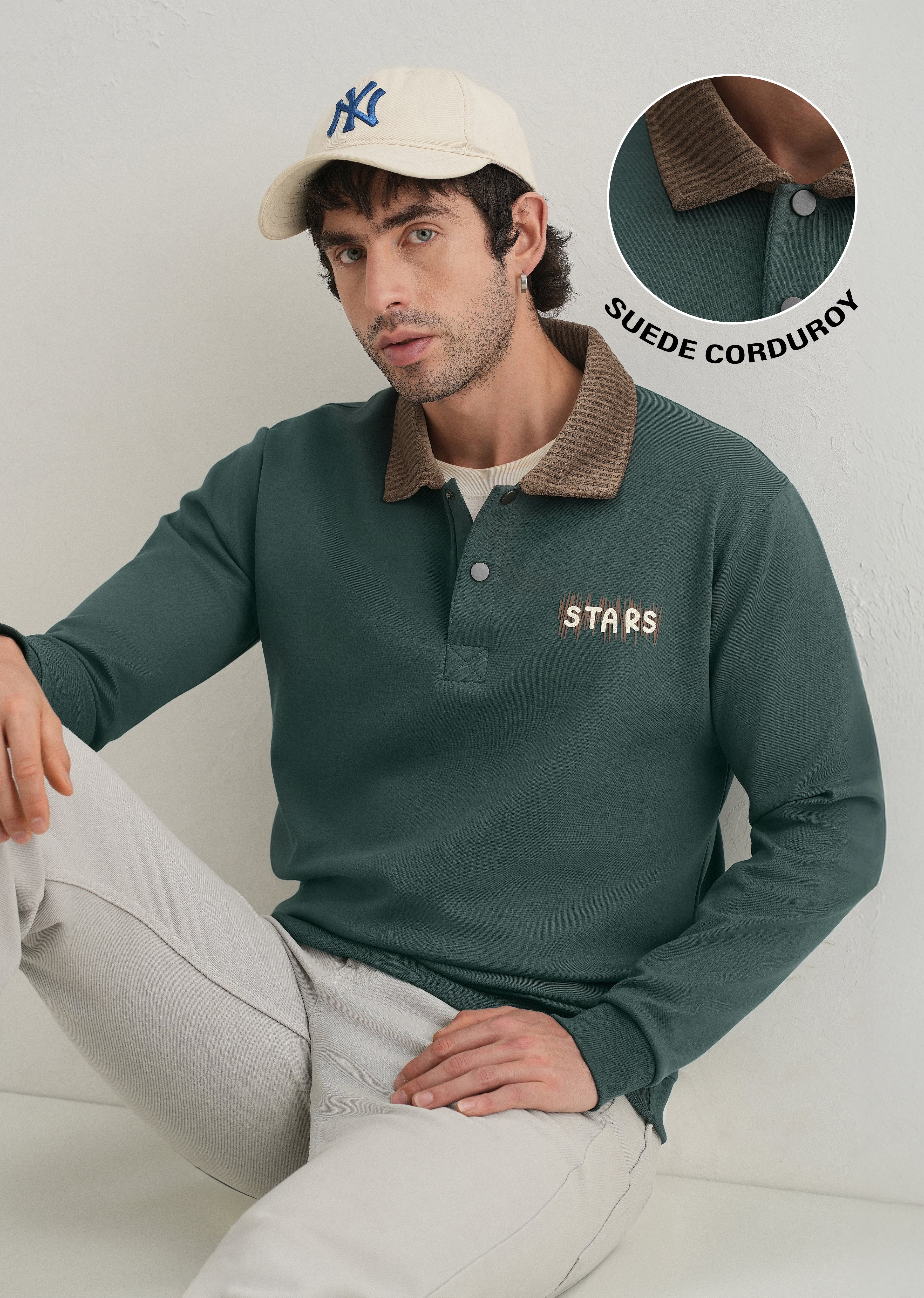 Green Suede Collared Polo Sweatshirt - Image 7