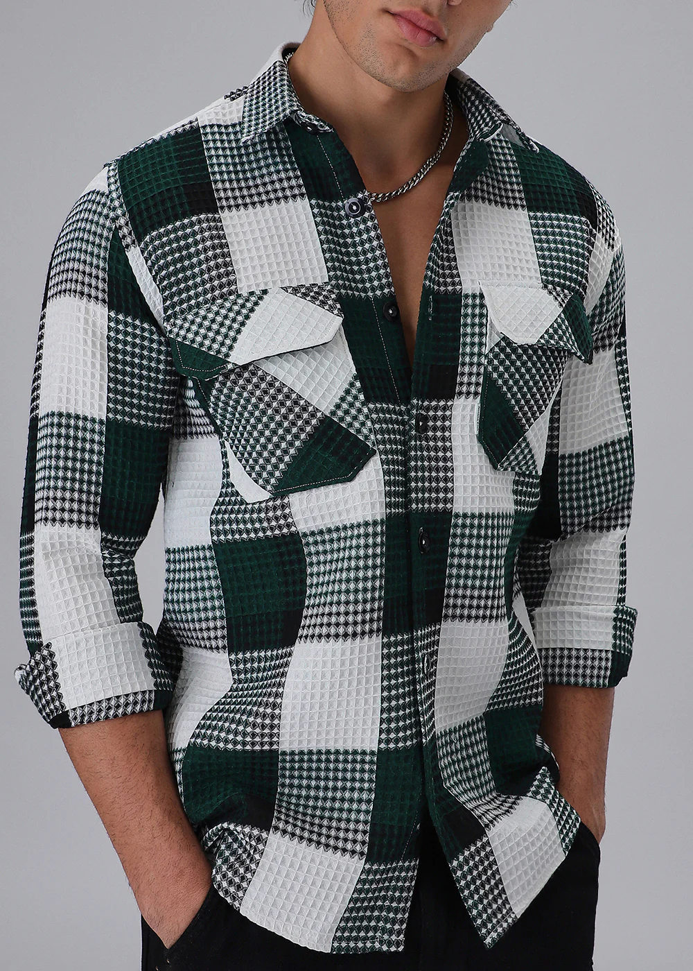 Green Waffle Plaid Check Shirt - Image 8