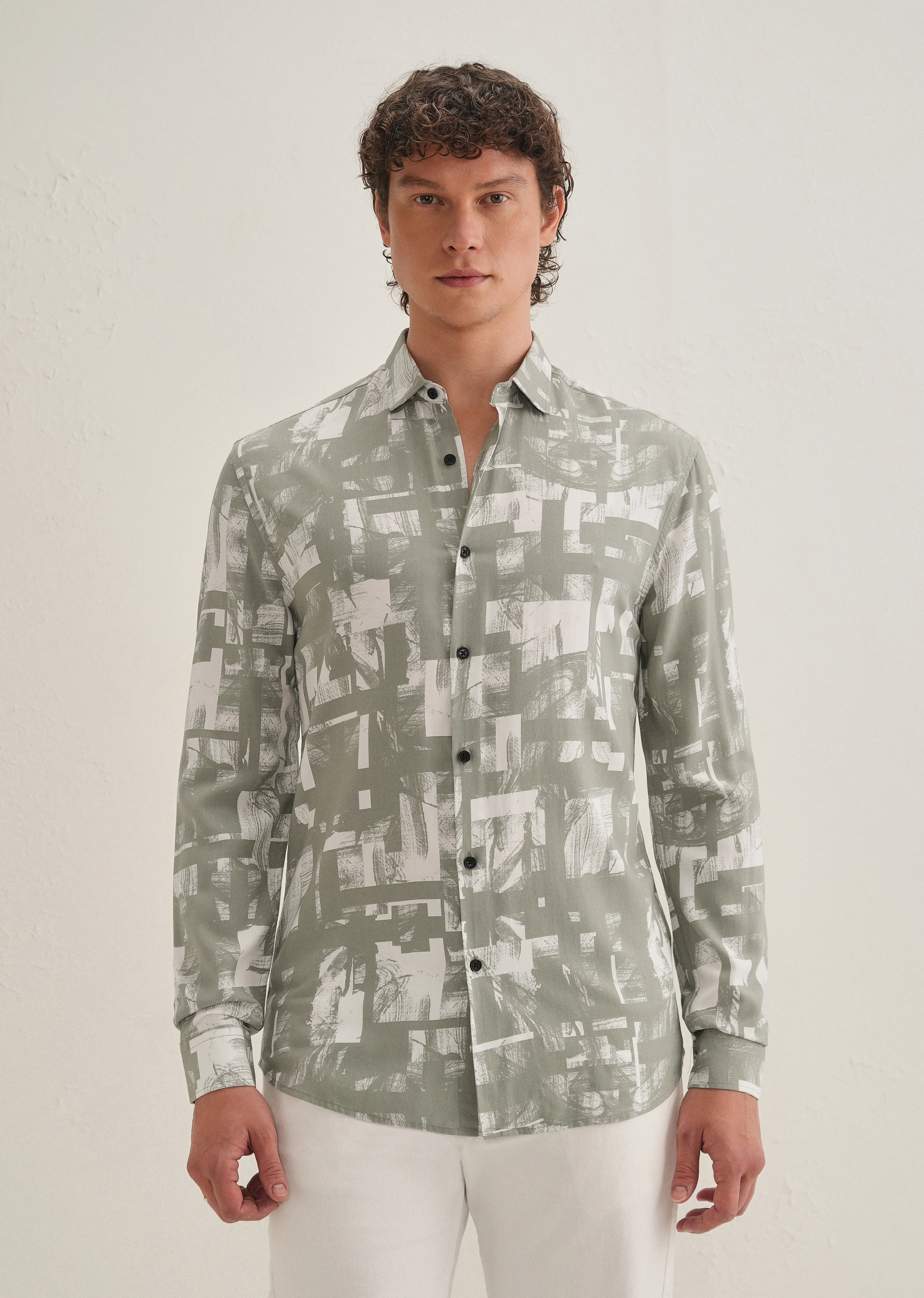 Green White Abstract Printed Shirt - Image 3