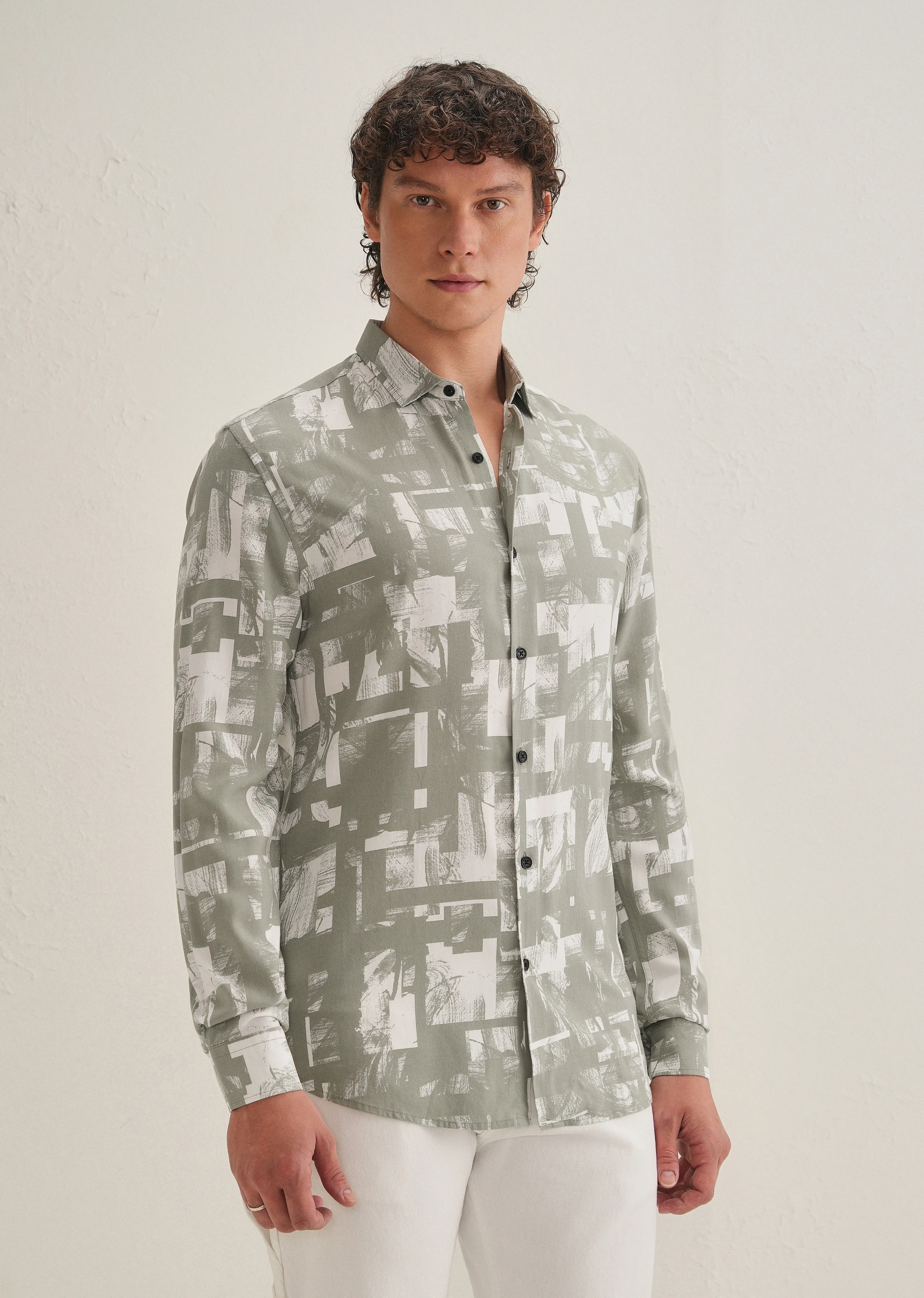 Green White Abstract Printed Shirt - Image 5