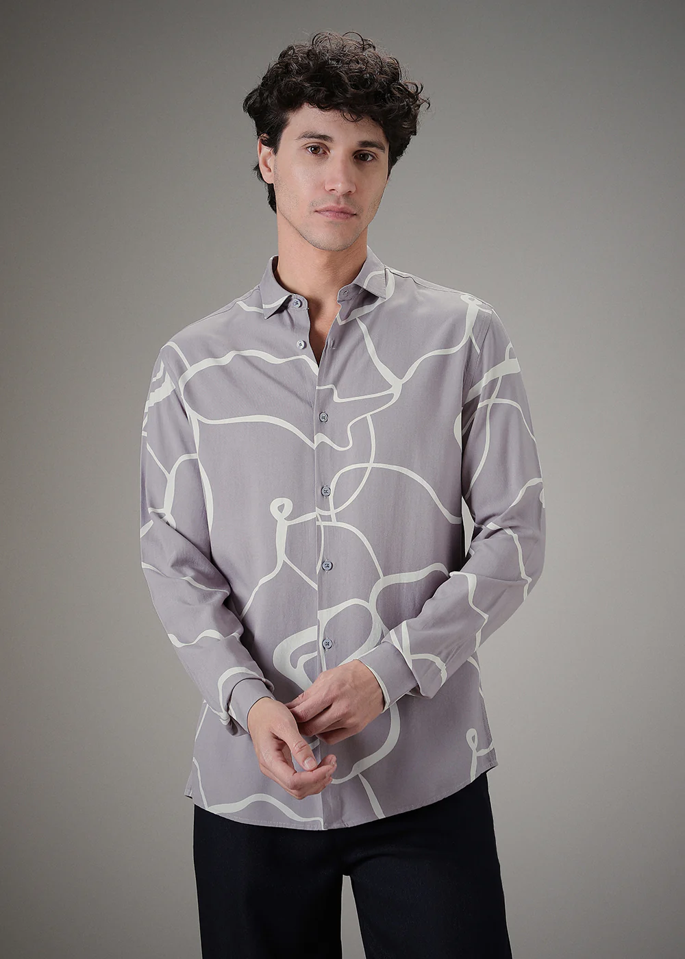 Grey Abstract Line Printed Shirt - Image 3