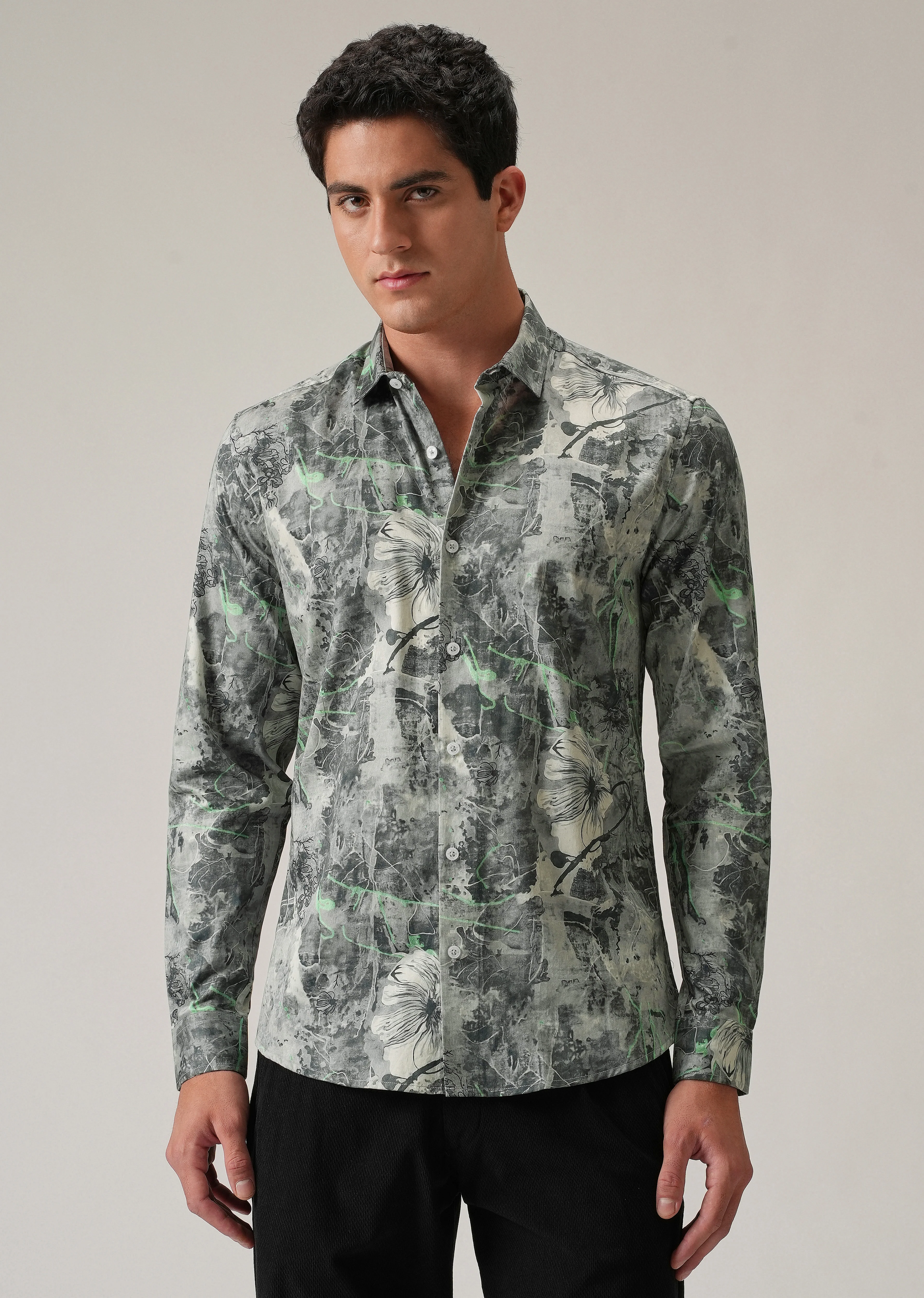 Grey Artistic Floral Print Shirt - Image 3