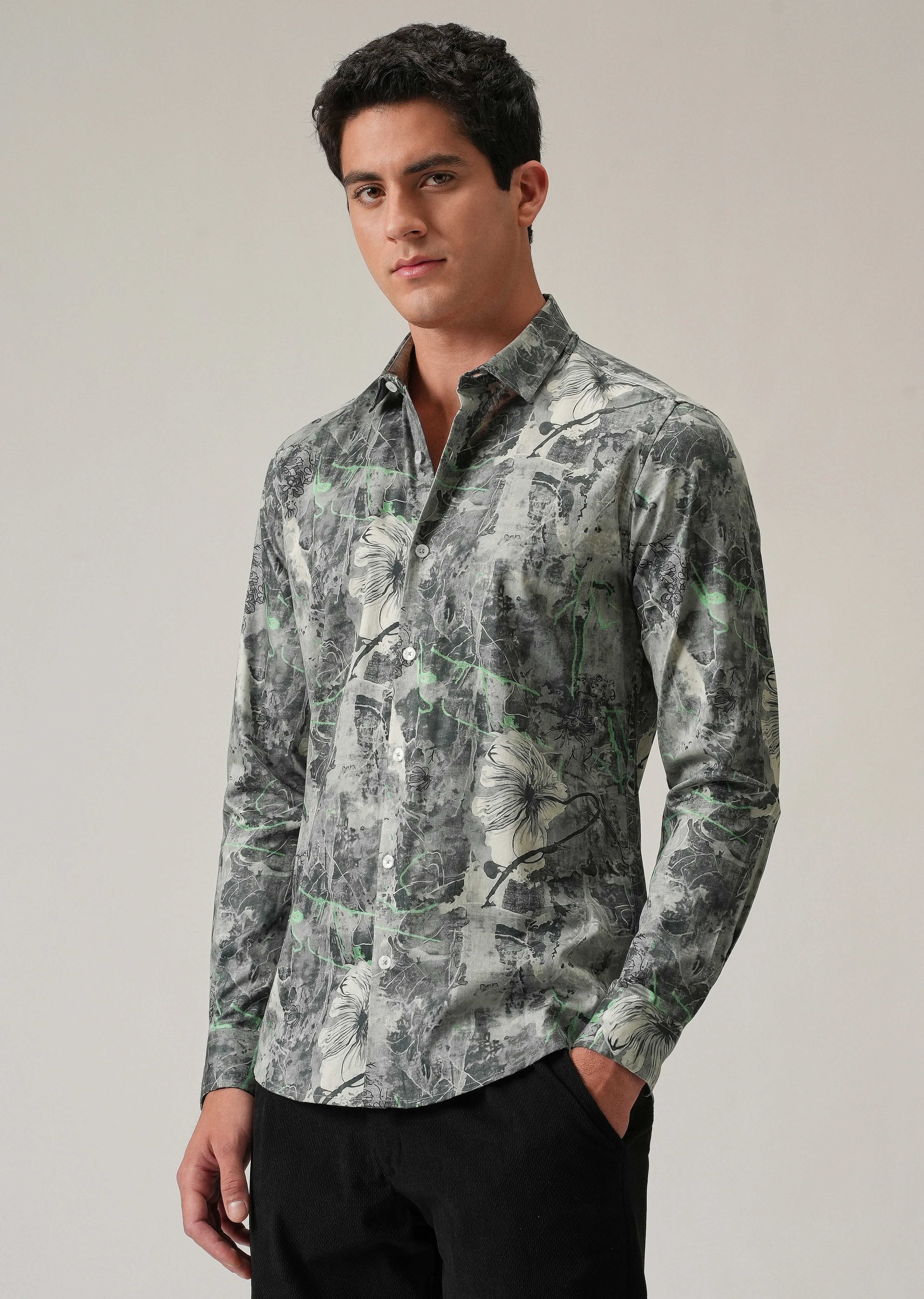 Grey Artistic Floral Print Shirt - Image 4