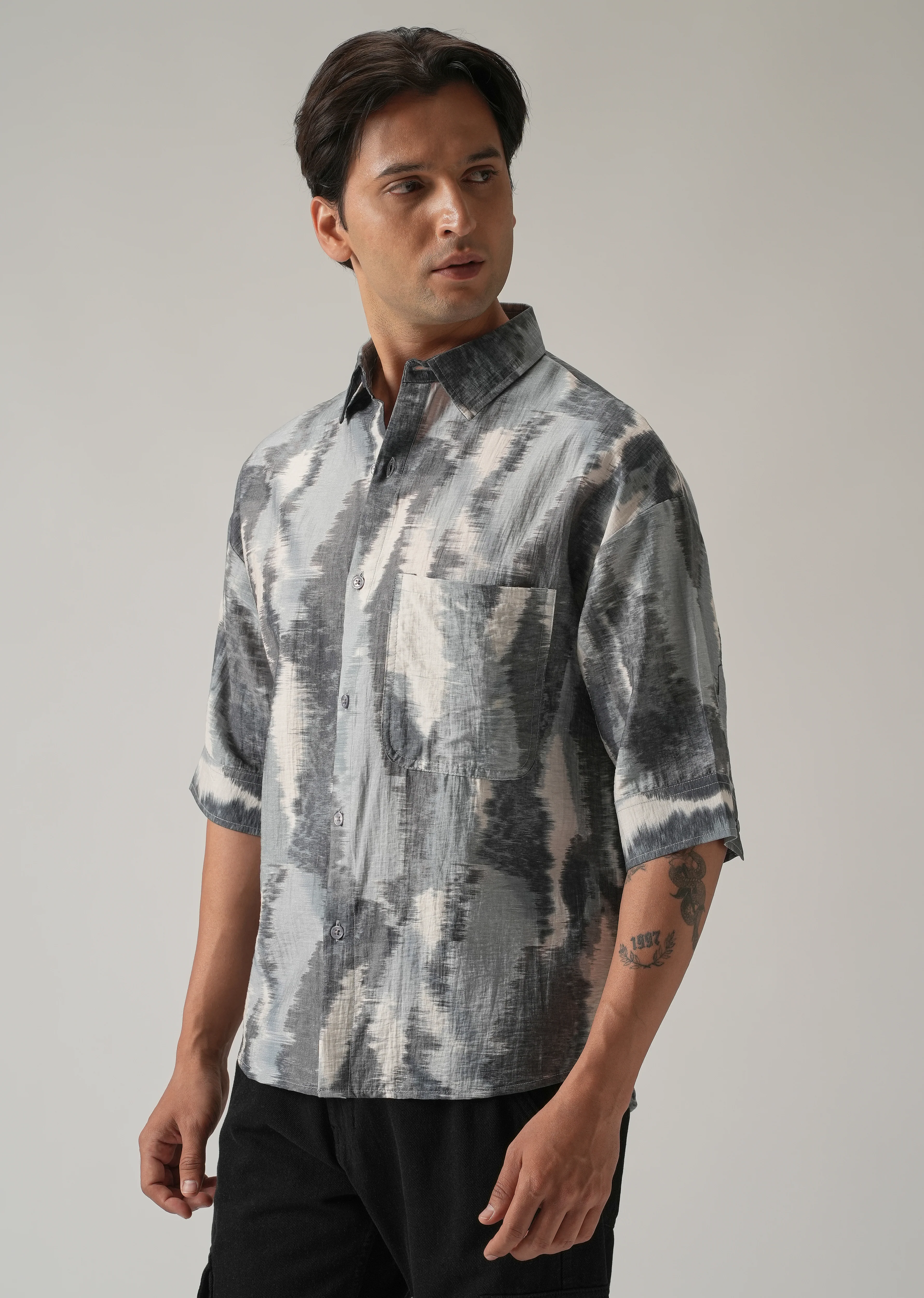 Grey Boxy Fit Abstract Printed Shirt - Image 4