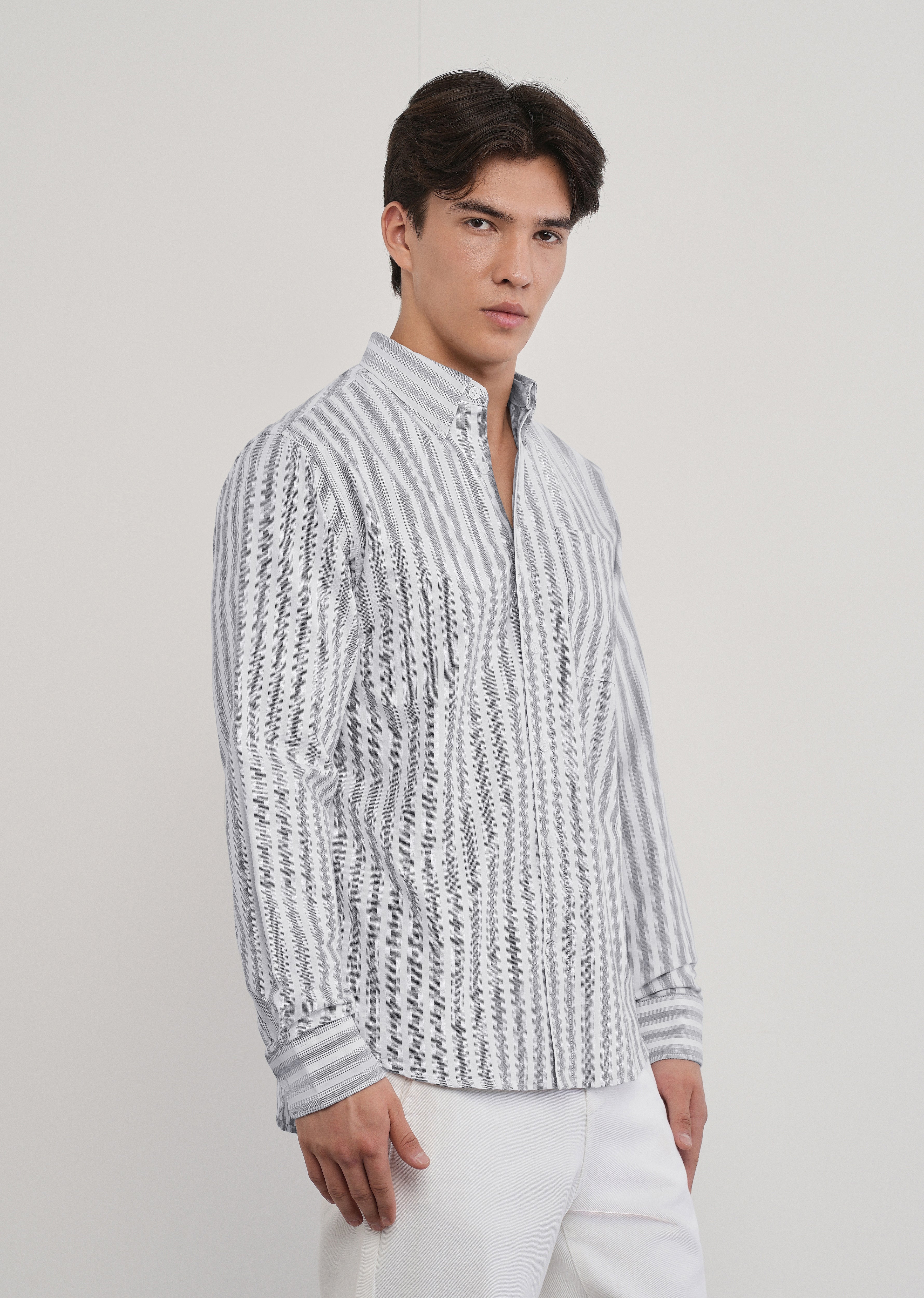 Grey Classic Cotton Stripe Shirt - Image 4