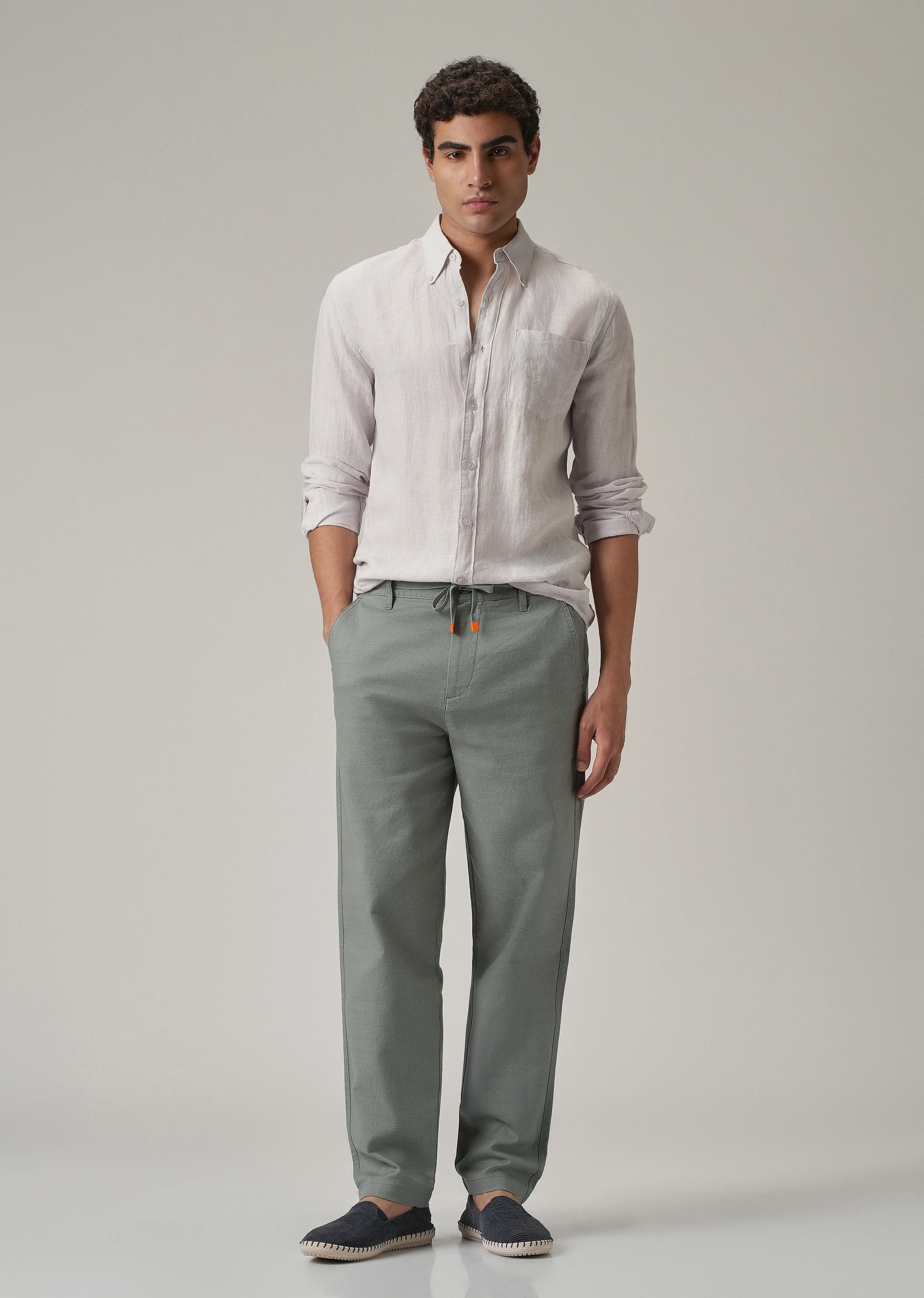 Grey Linen-Look Cotton Trousers - Image 6
