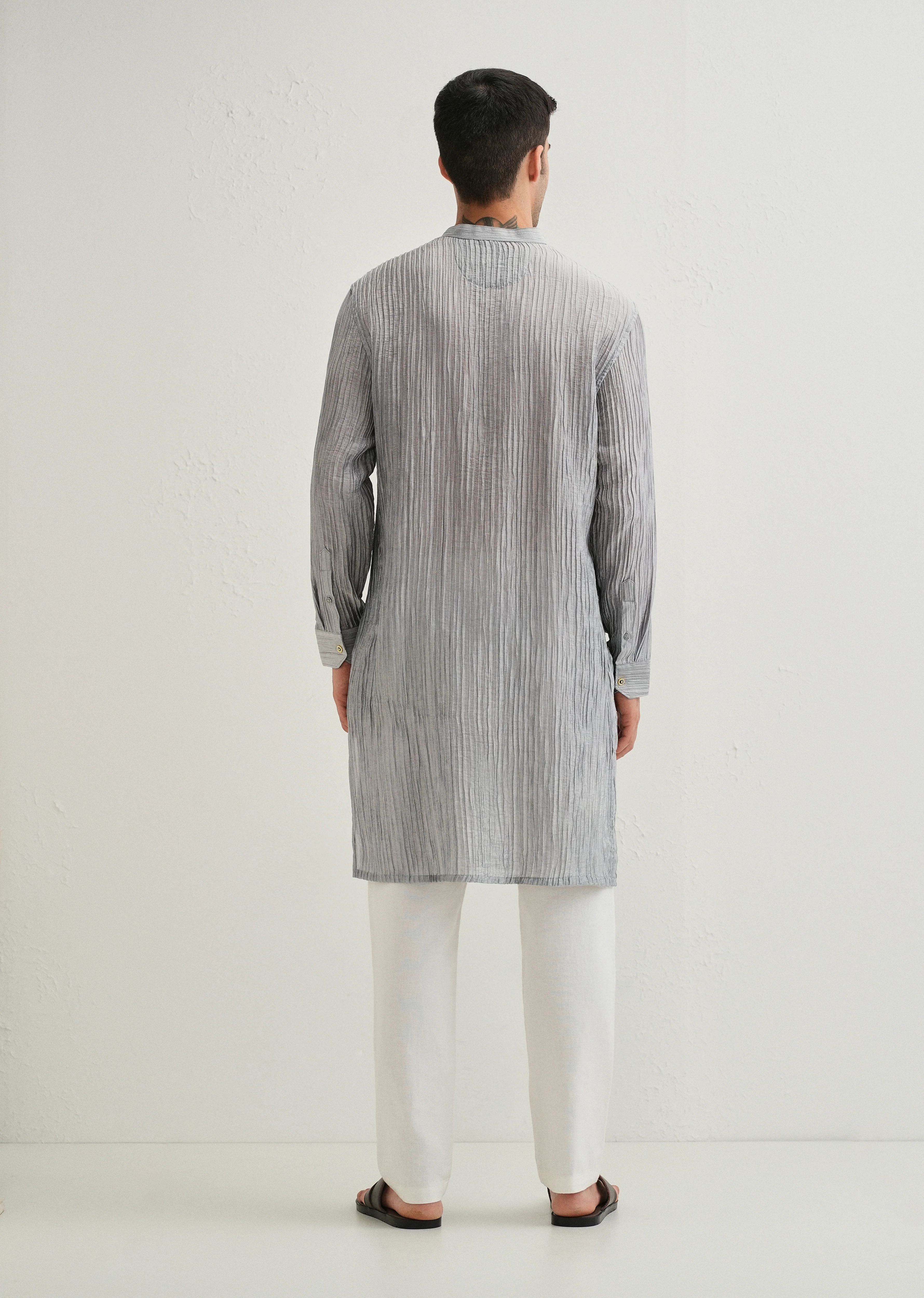Grey Crinkled Stripe Kurta - Image 3