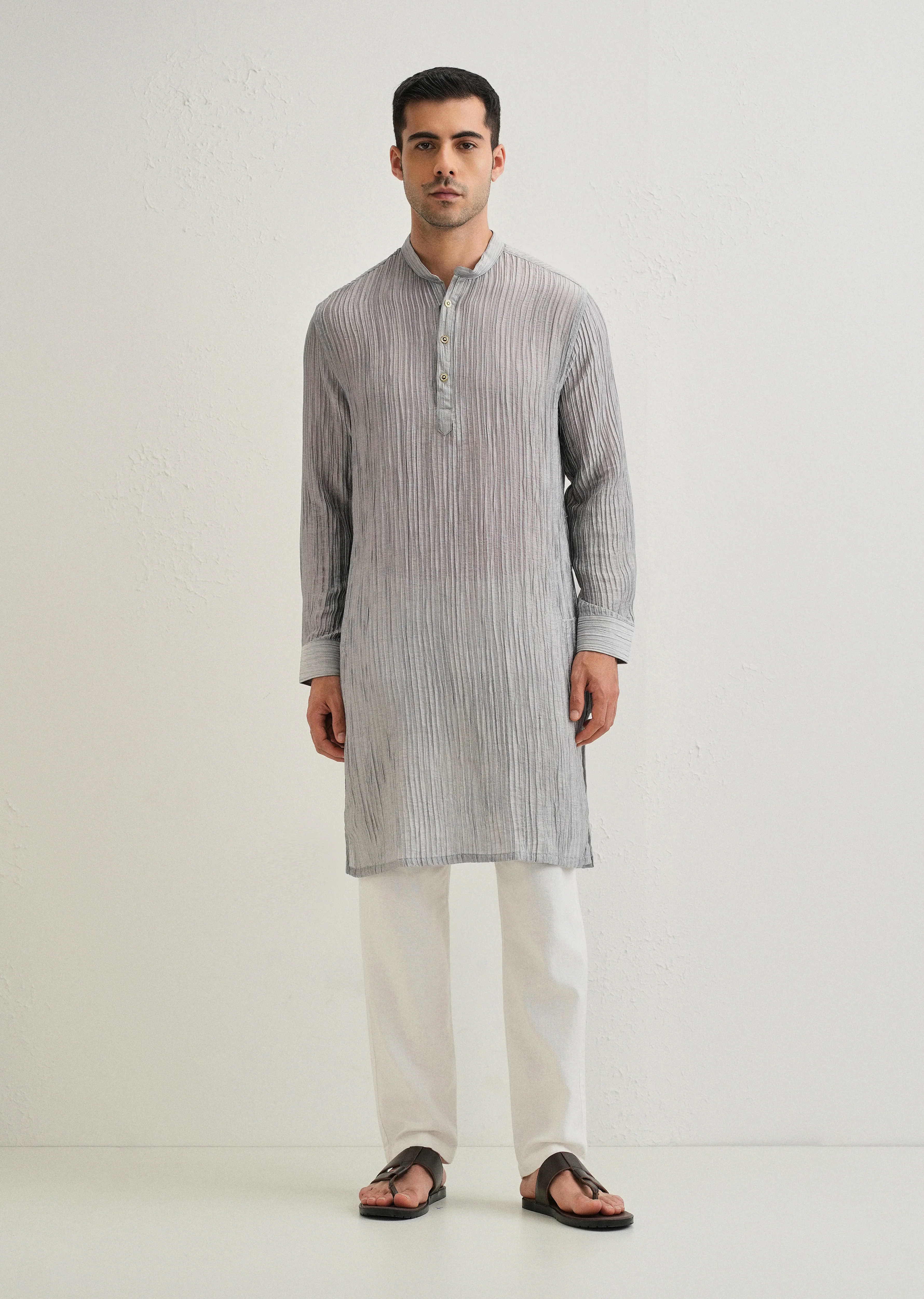 Grey Crinkled Stripe Kurta - Image 4
