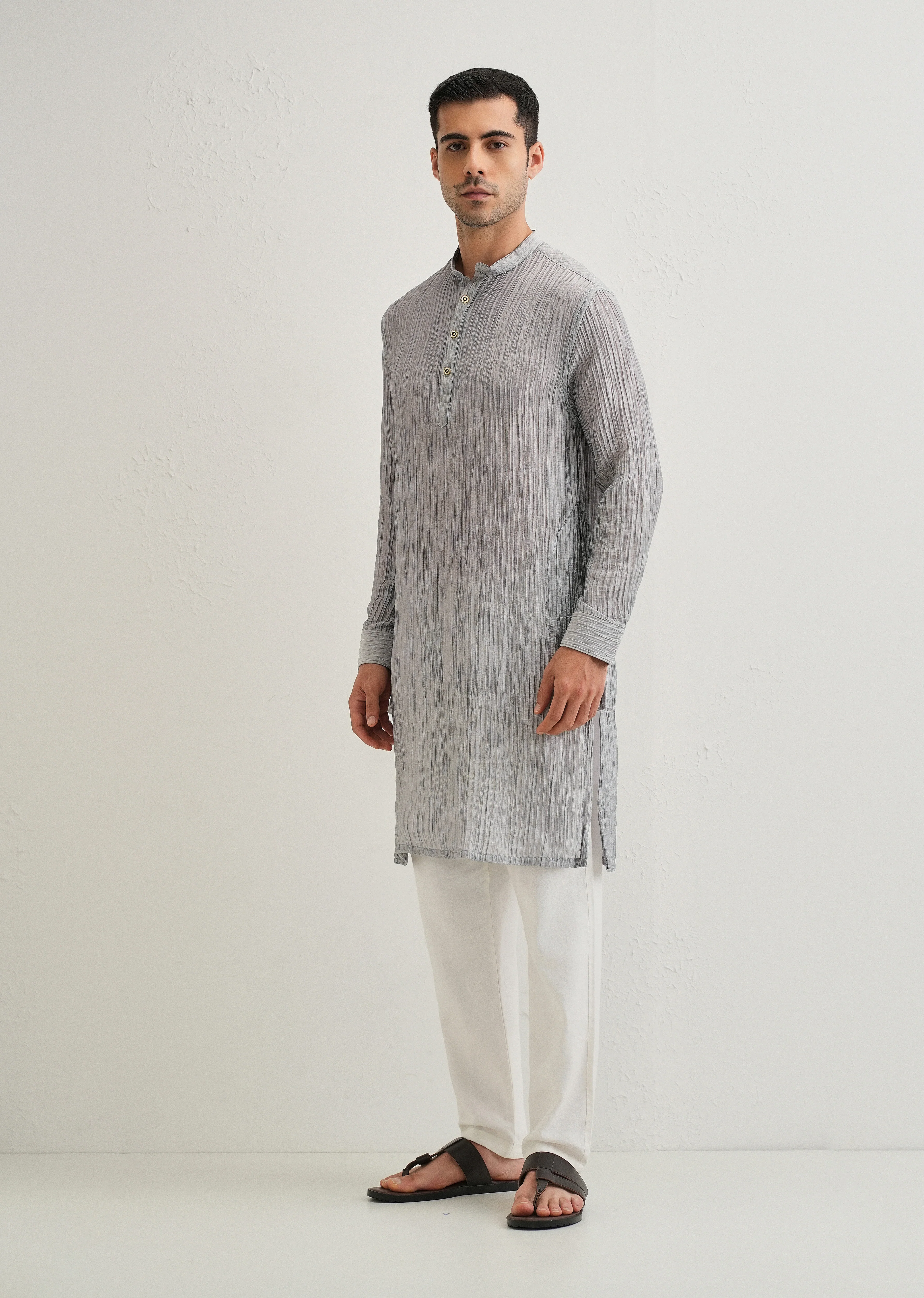 Grey Crinkled Stripe Kurta - Image 5