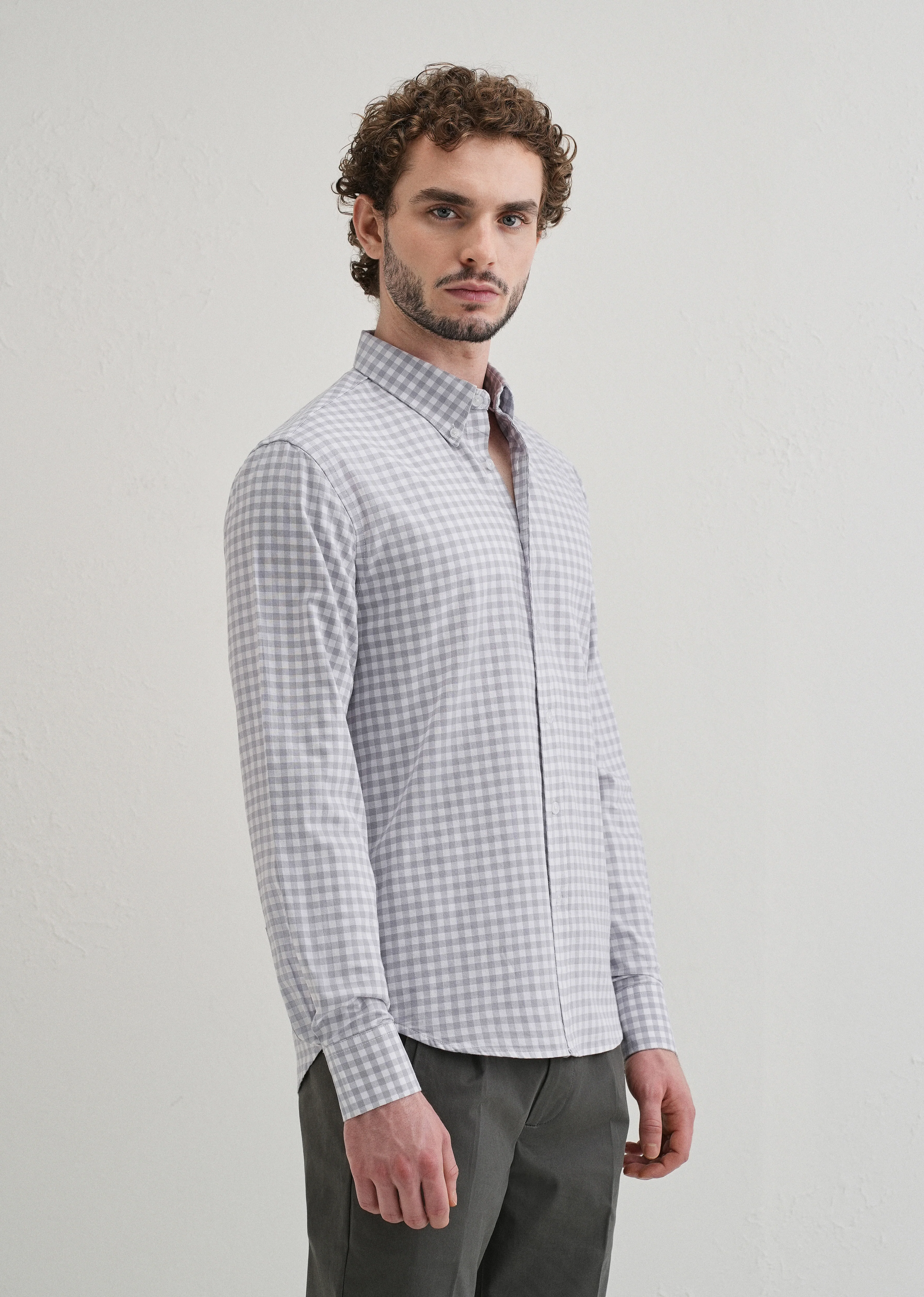 Grey Gingham Check Cotton Oxford Shirt - Image 4