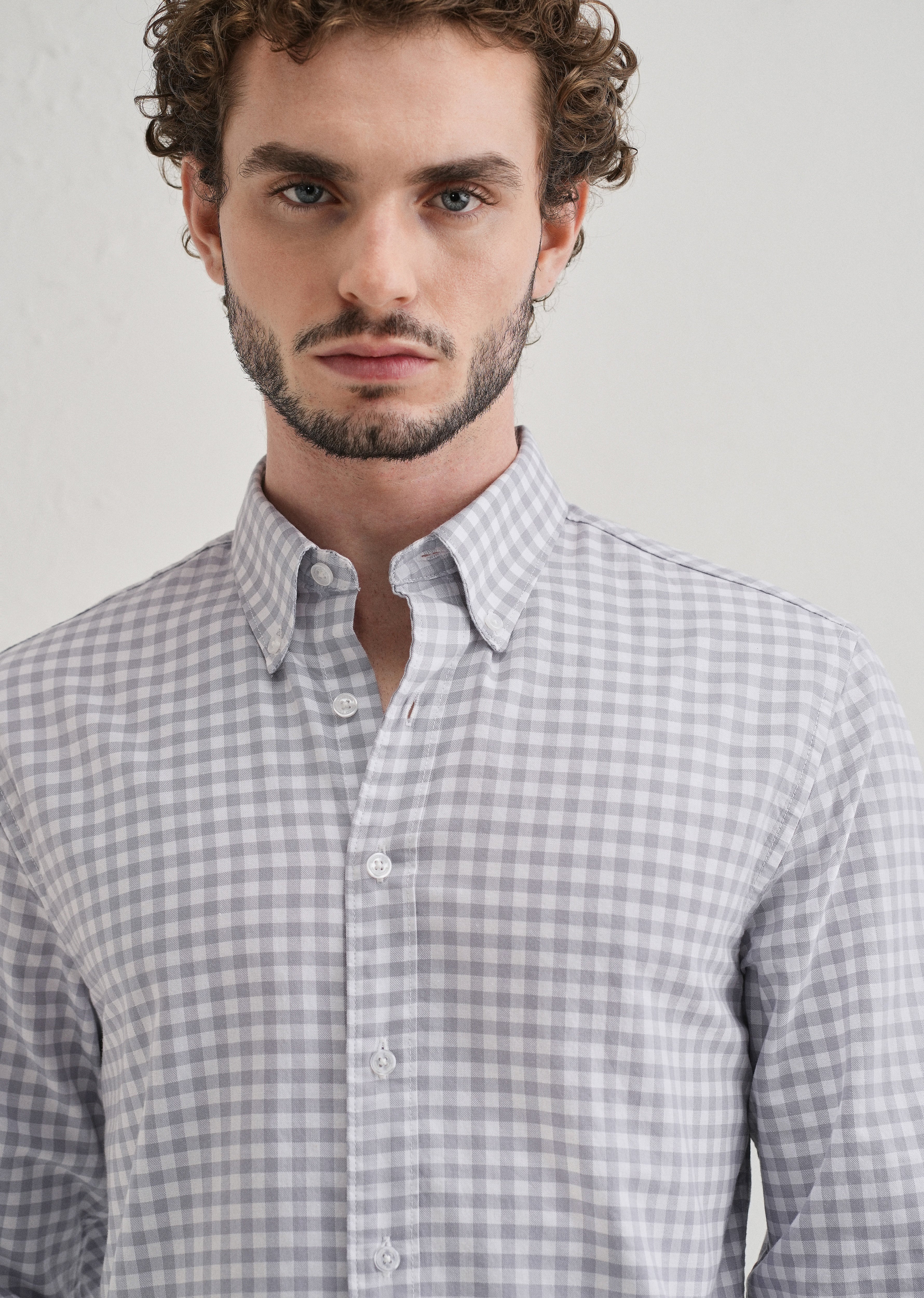 Grey Gingham Check Cotton Oxford Shirt - Image 5
