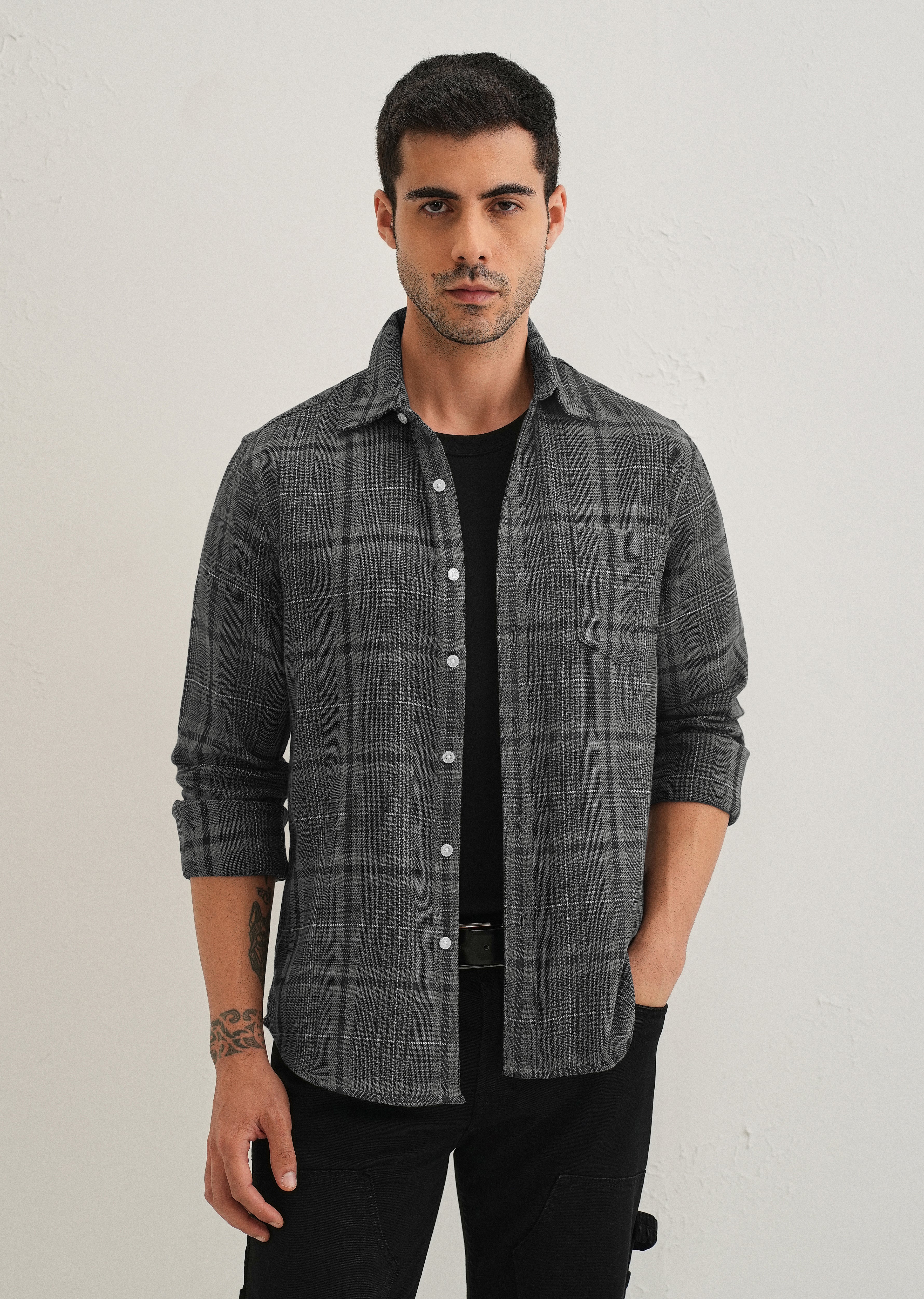 Grey Glen Plaid Check Shirt - Image 2