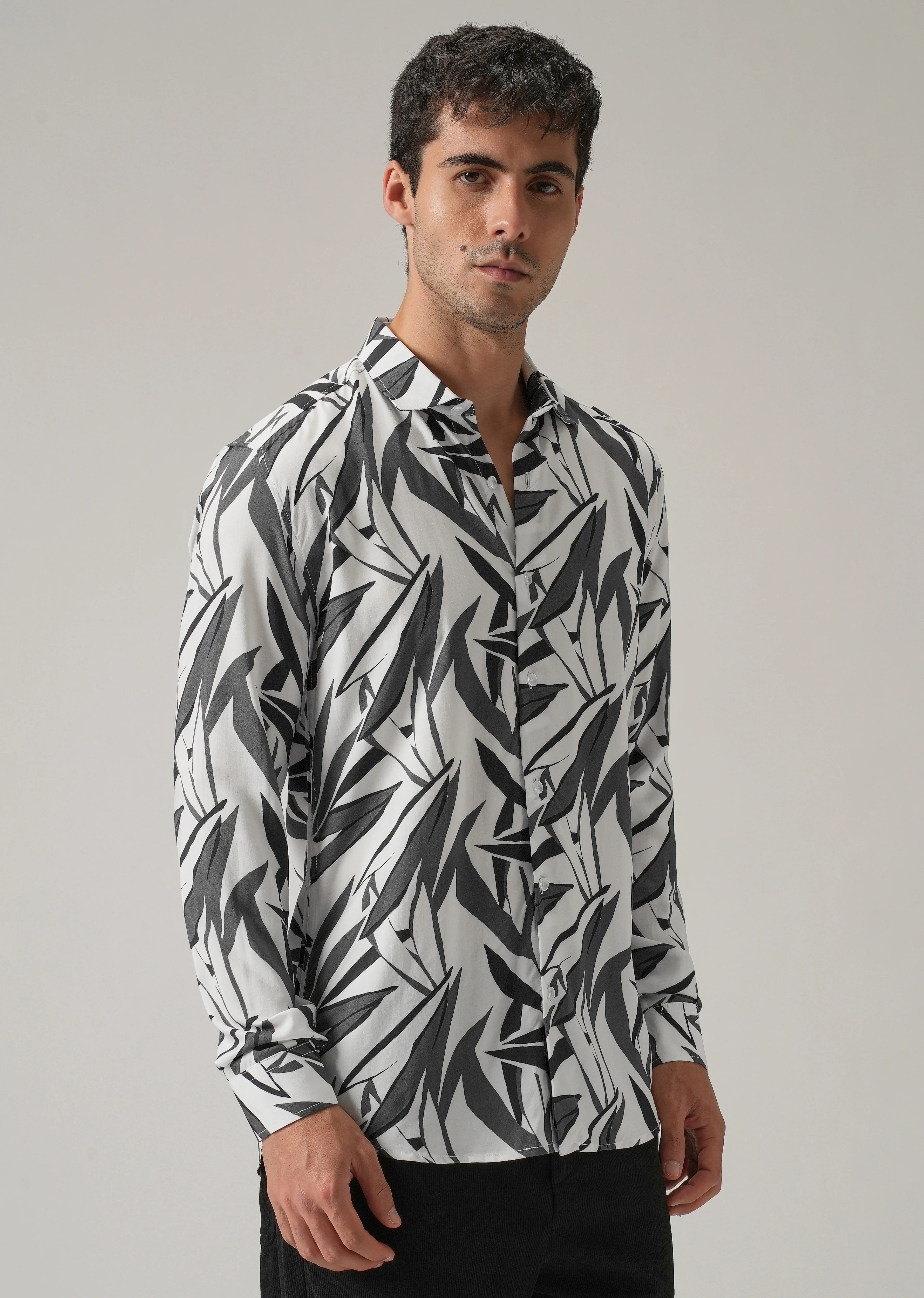 Grey Graphic Leaf Printed Shirt - Image 4
