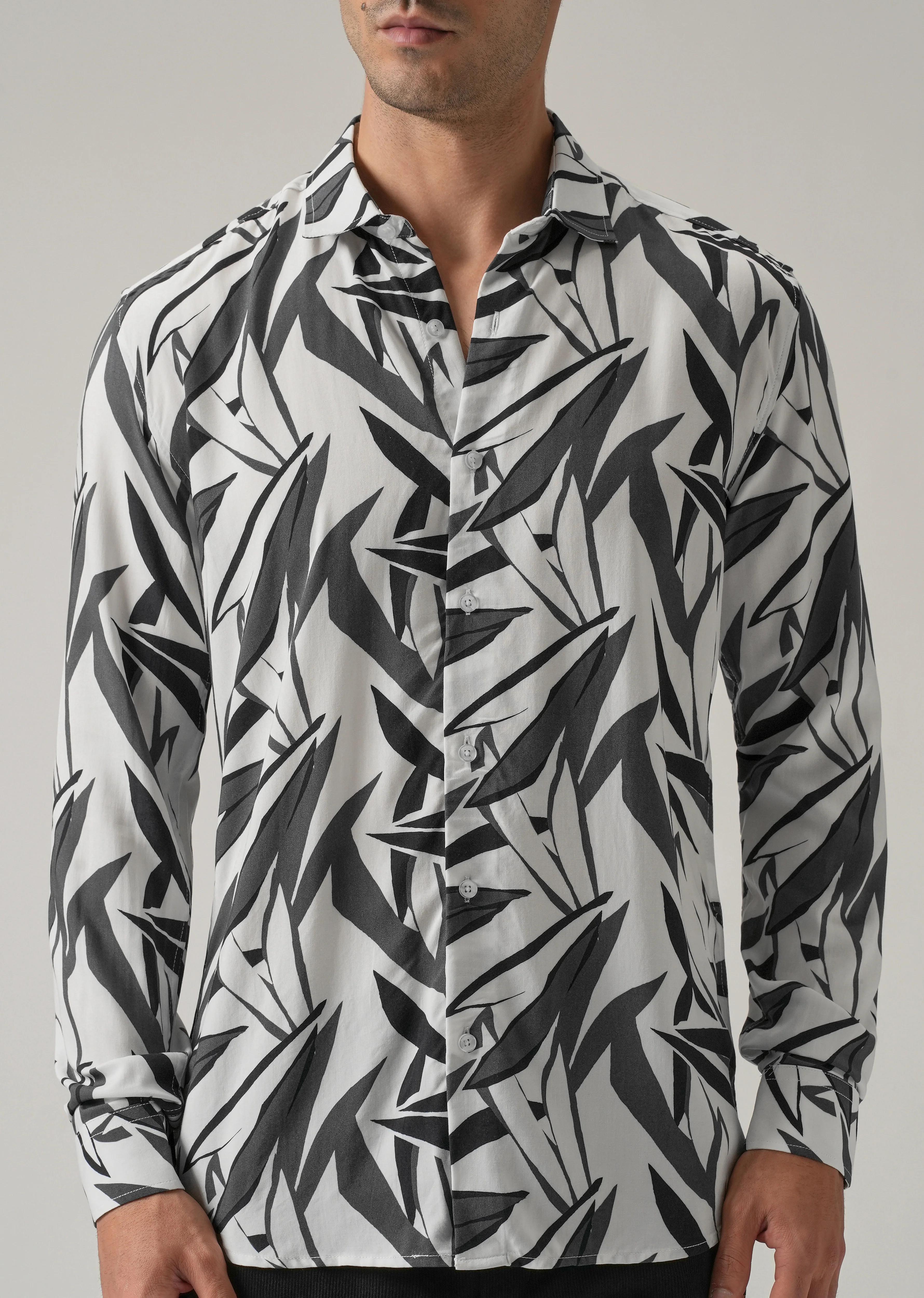 Grey Graphic Leaf Printed Shirt - Image 7