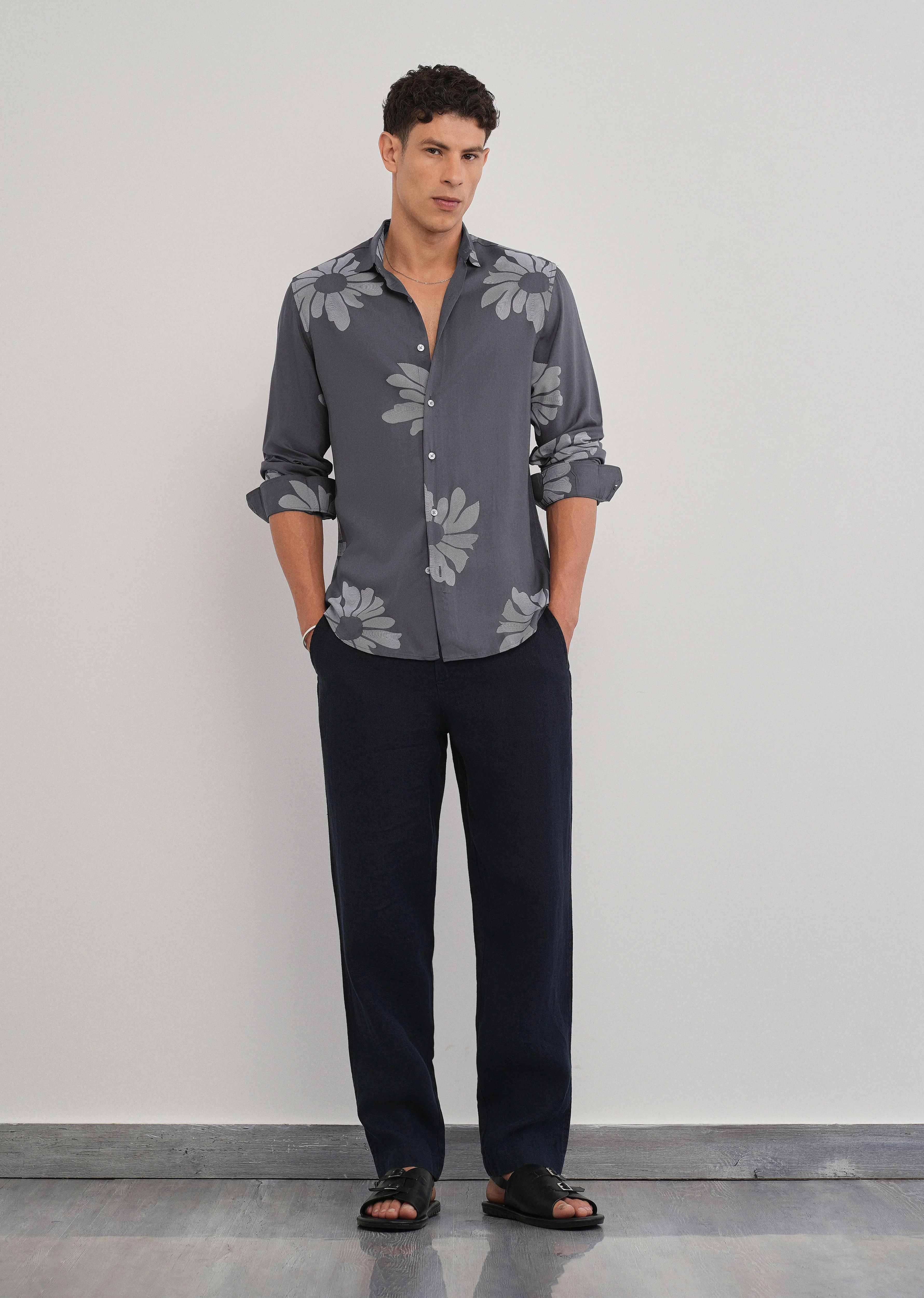 Grey Linear Floral Print Shirt - Image 6