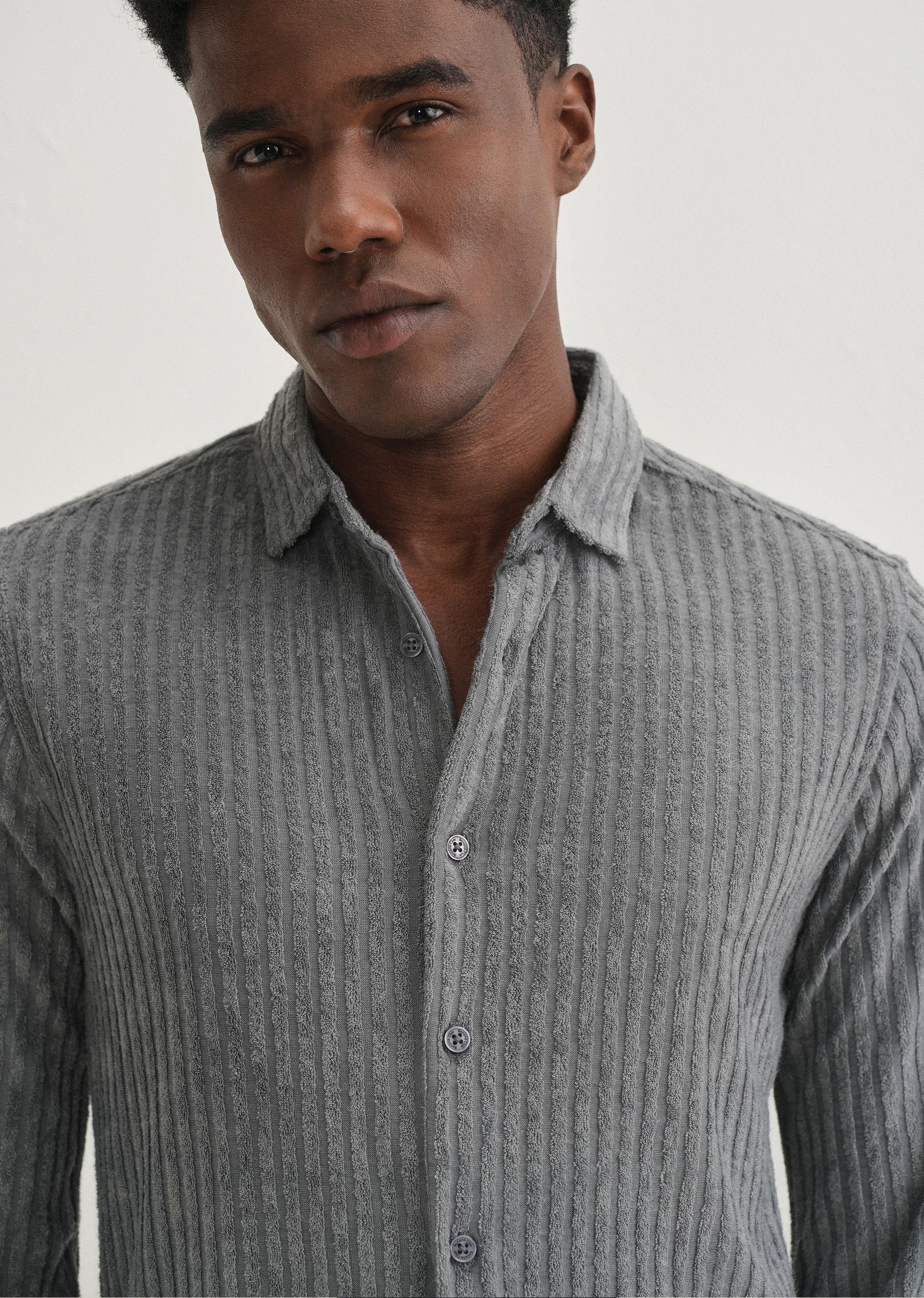 Grey Plain Corduroy Stripe Shirt - Image 2