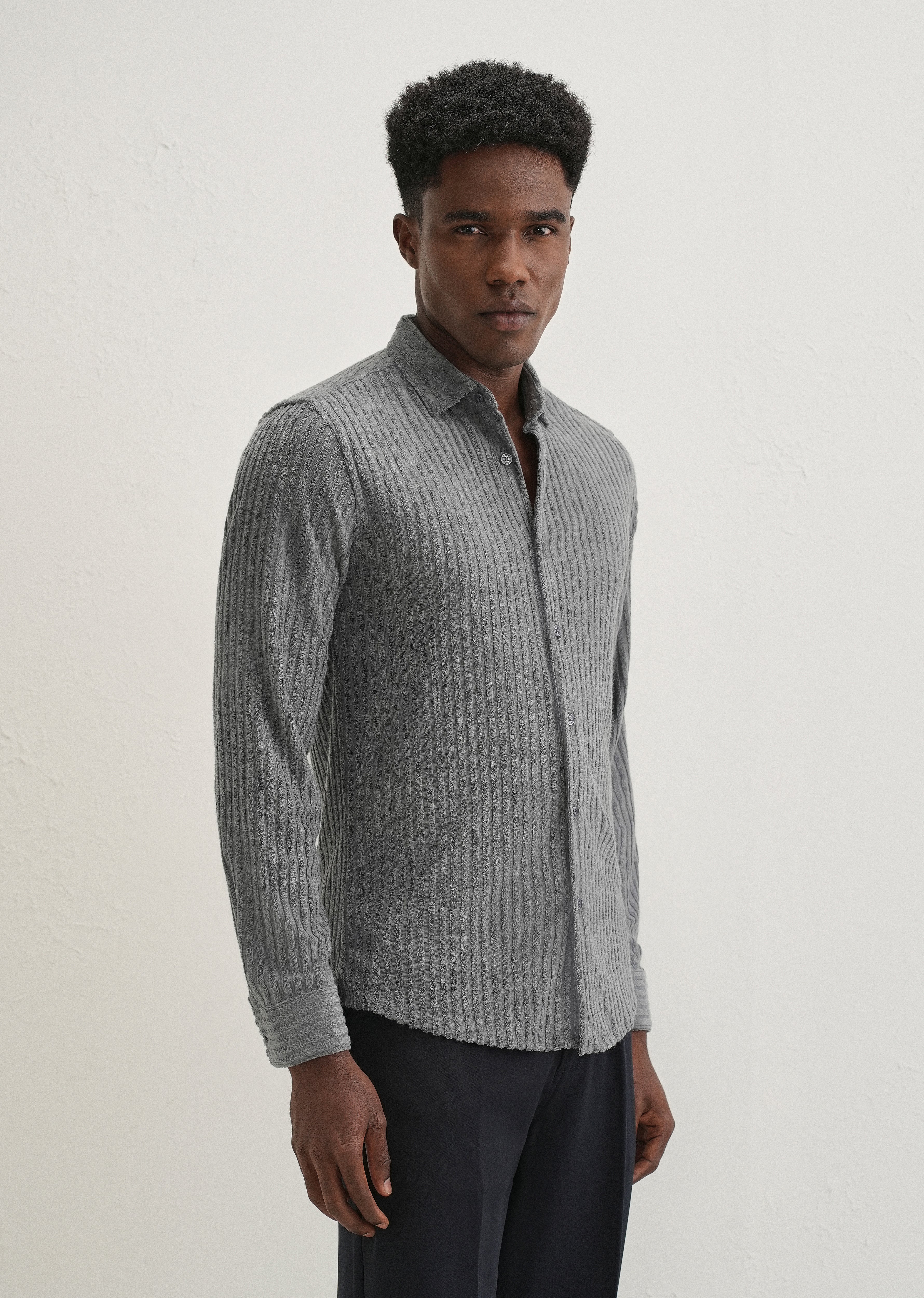 Grey Plain Corduroy Stripe Shirt - Image 5