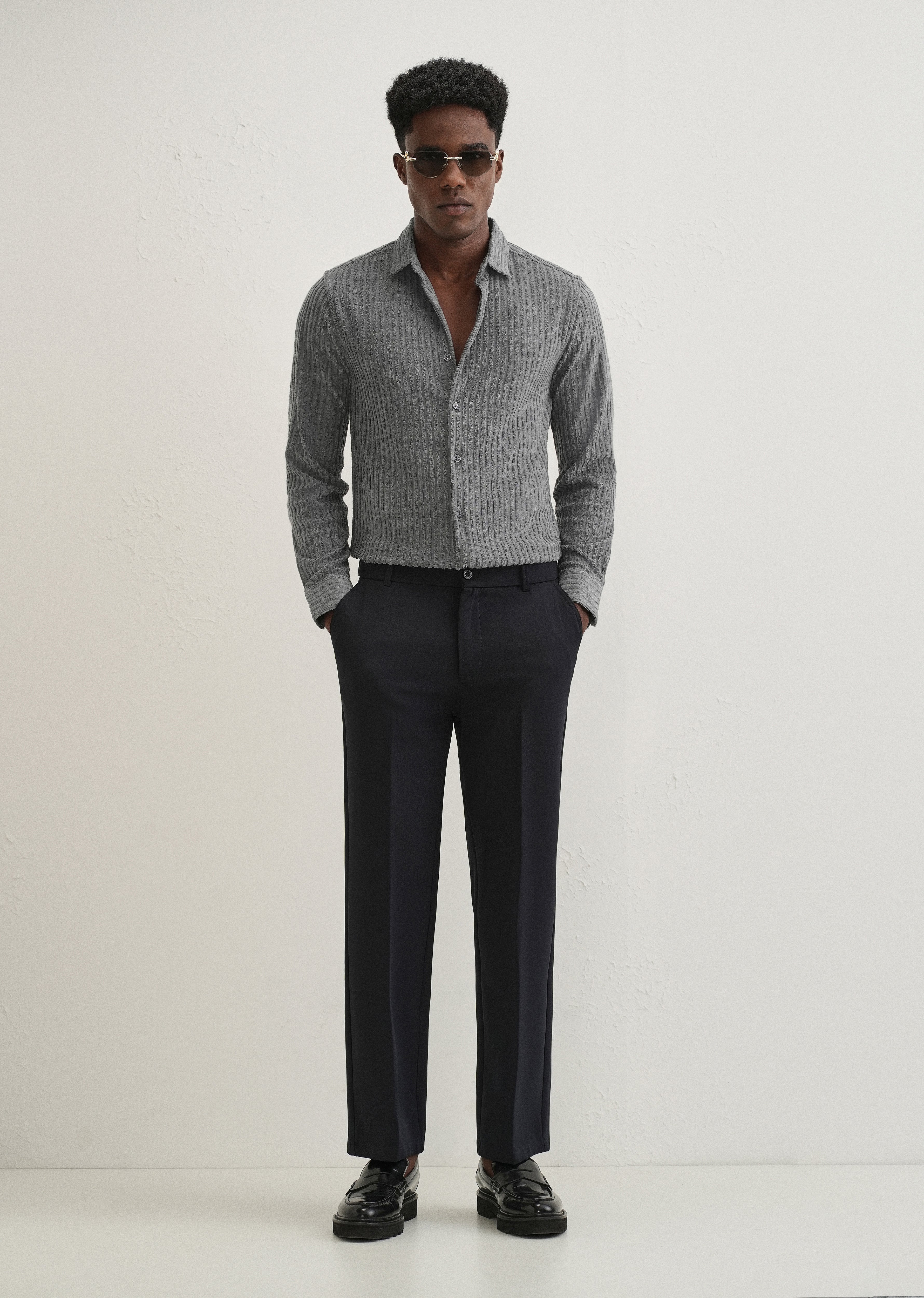 Grey Plain Corduroy Stripe Shirt - Image 6