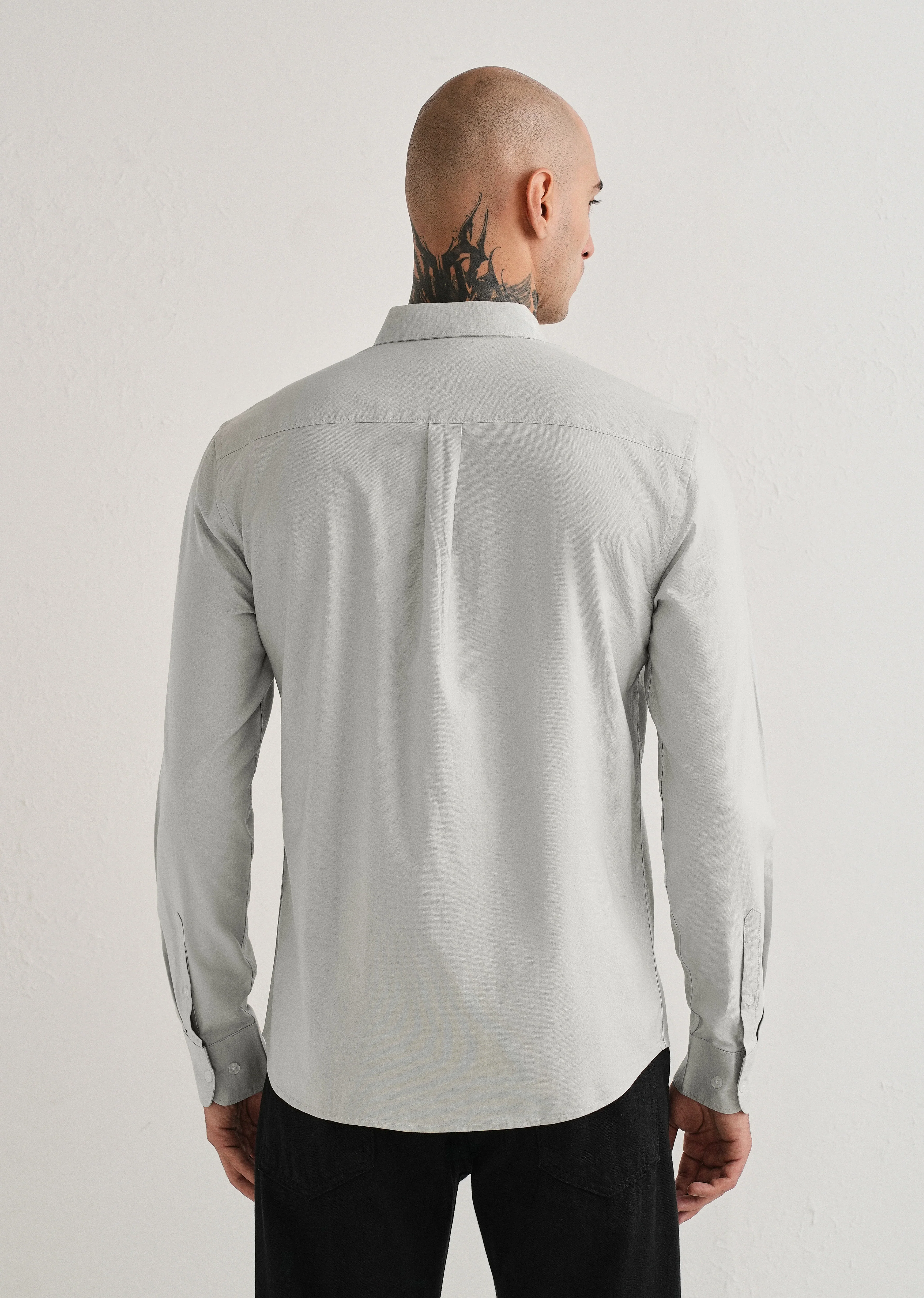Grey Plain Cotton Oxford Shirt - Image 2