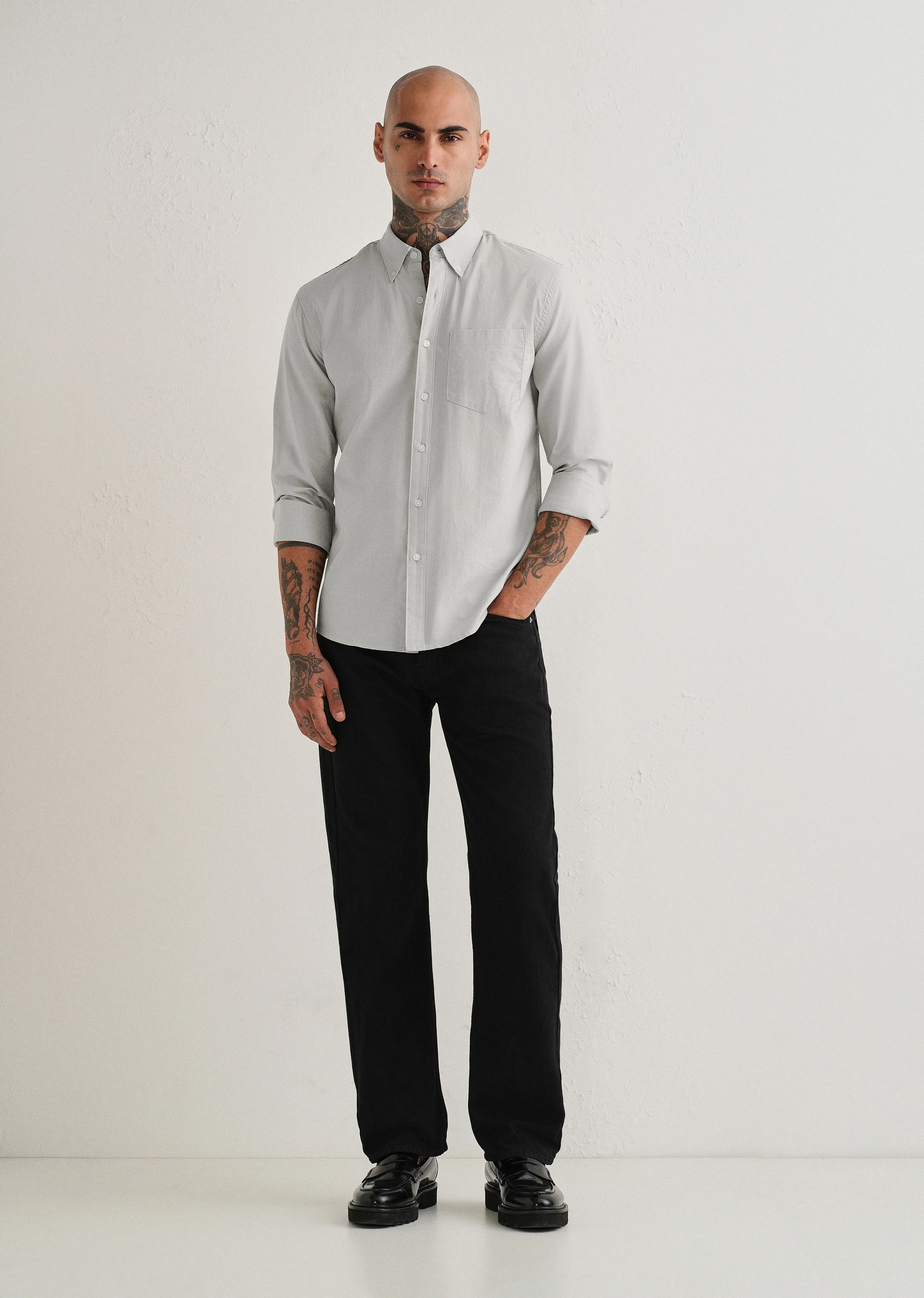 Grey Plain Cotton Oxford Shirt - Image 6