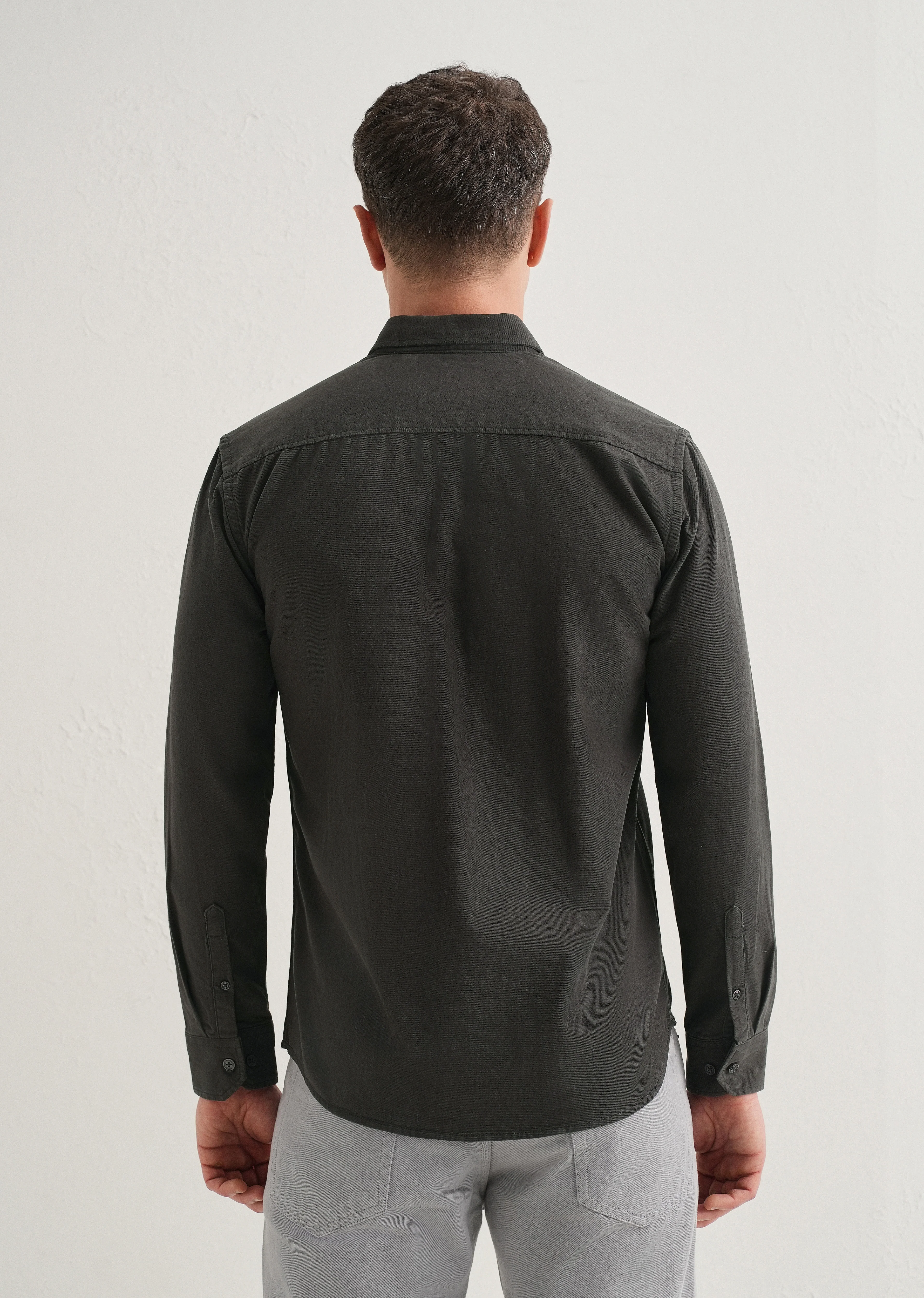 Grey Plain Cotton Single Pocket Shirt - Image 2