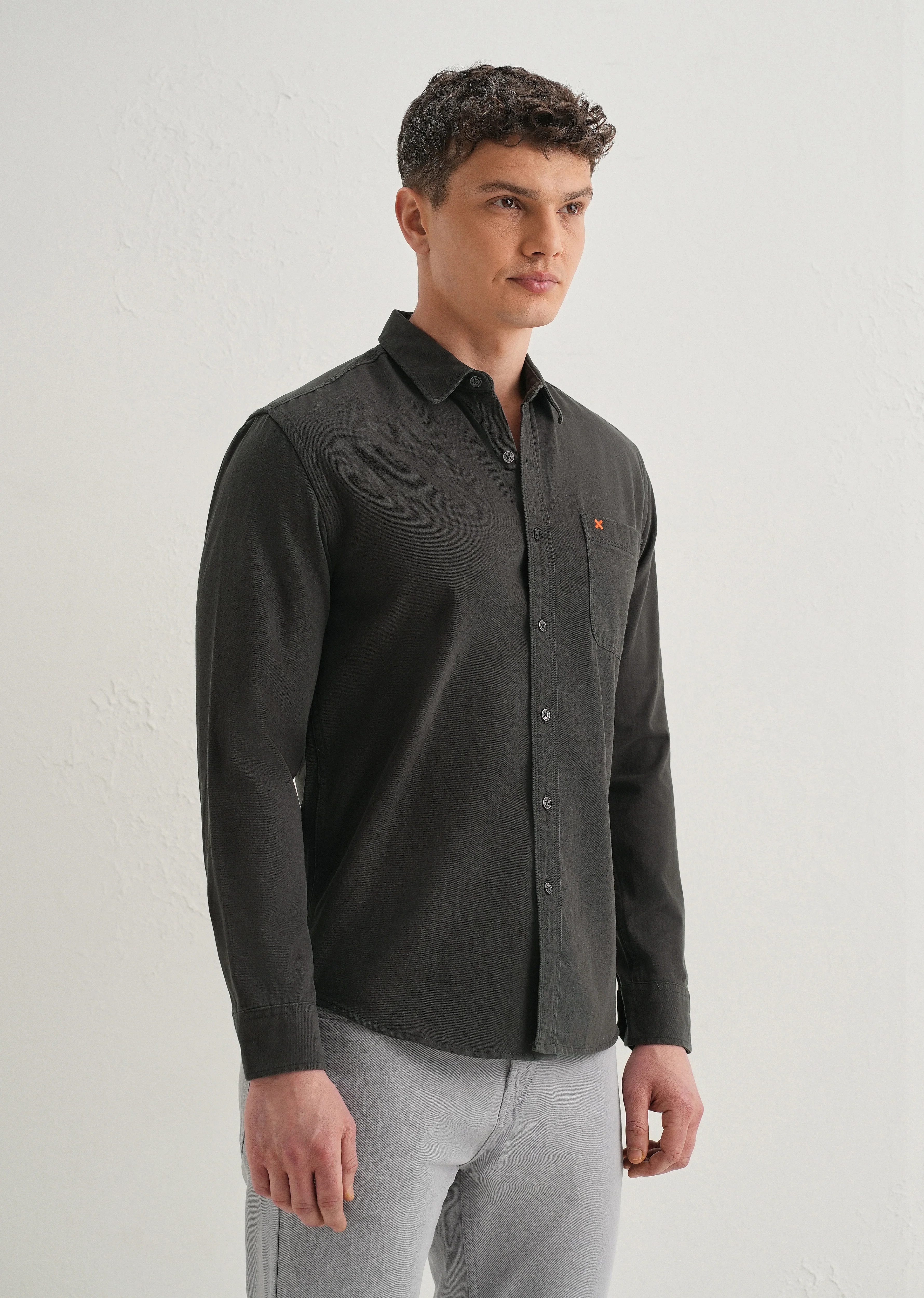 Grey Plain Cotton Single Pocket Shirt - Image 4