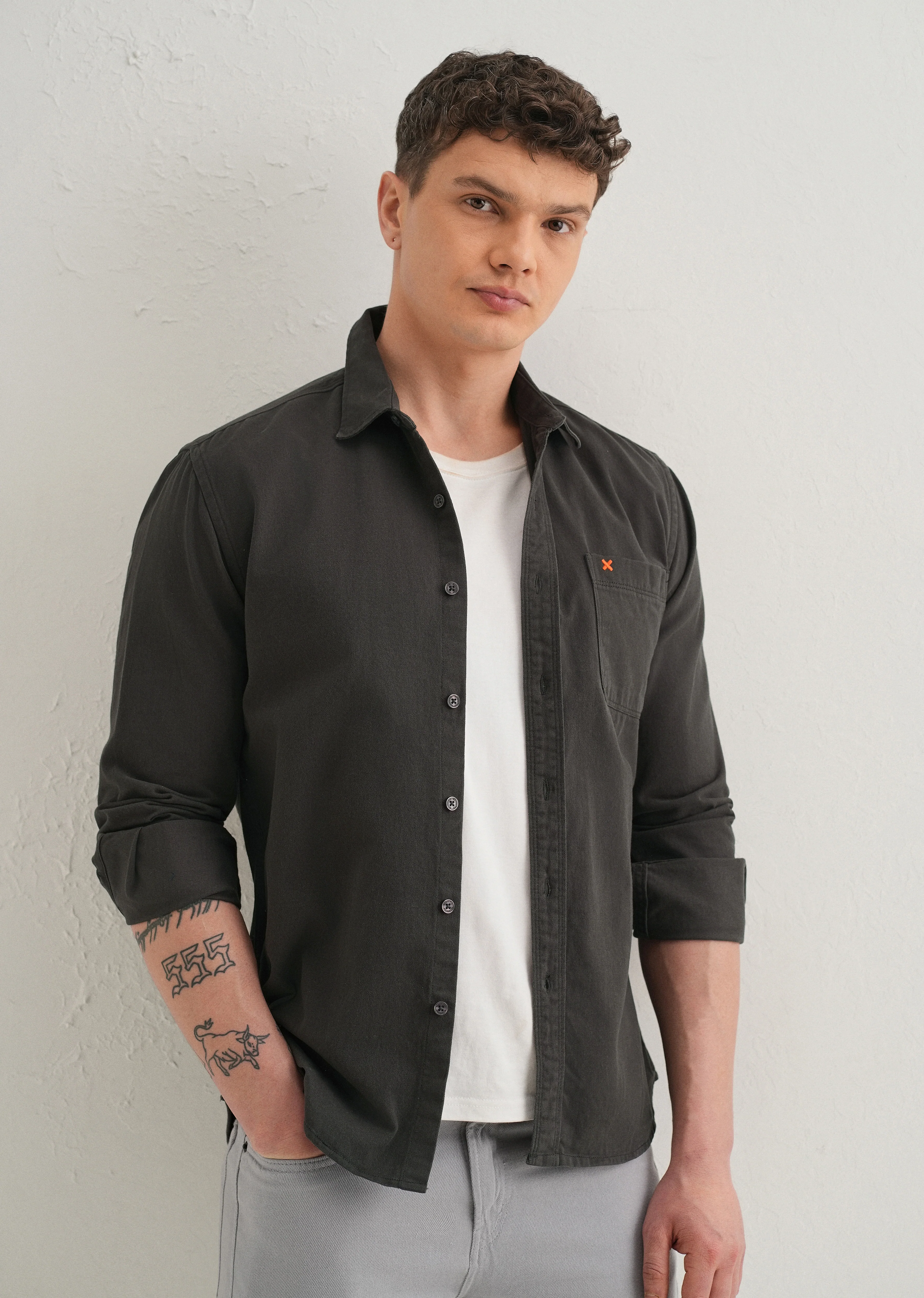 Grey Plain Cotton Single Pocket Shirt - Image 7