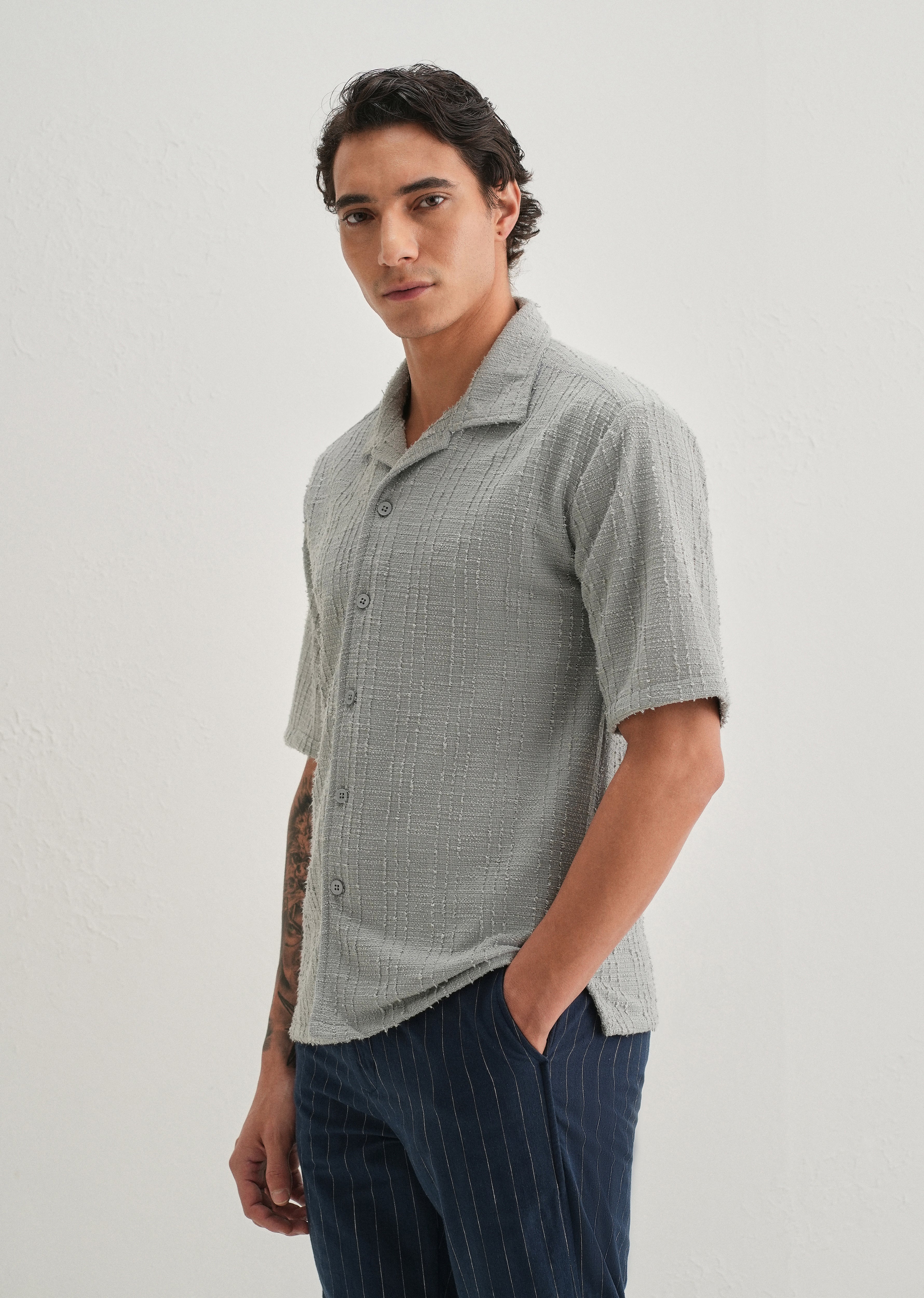 Grey Plain Cuban Collar Knitted Shirt - Image 3