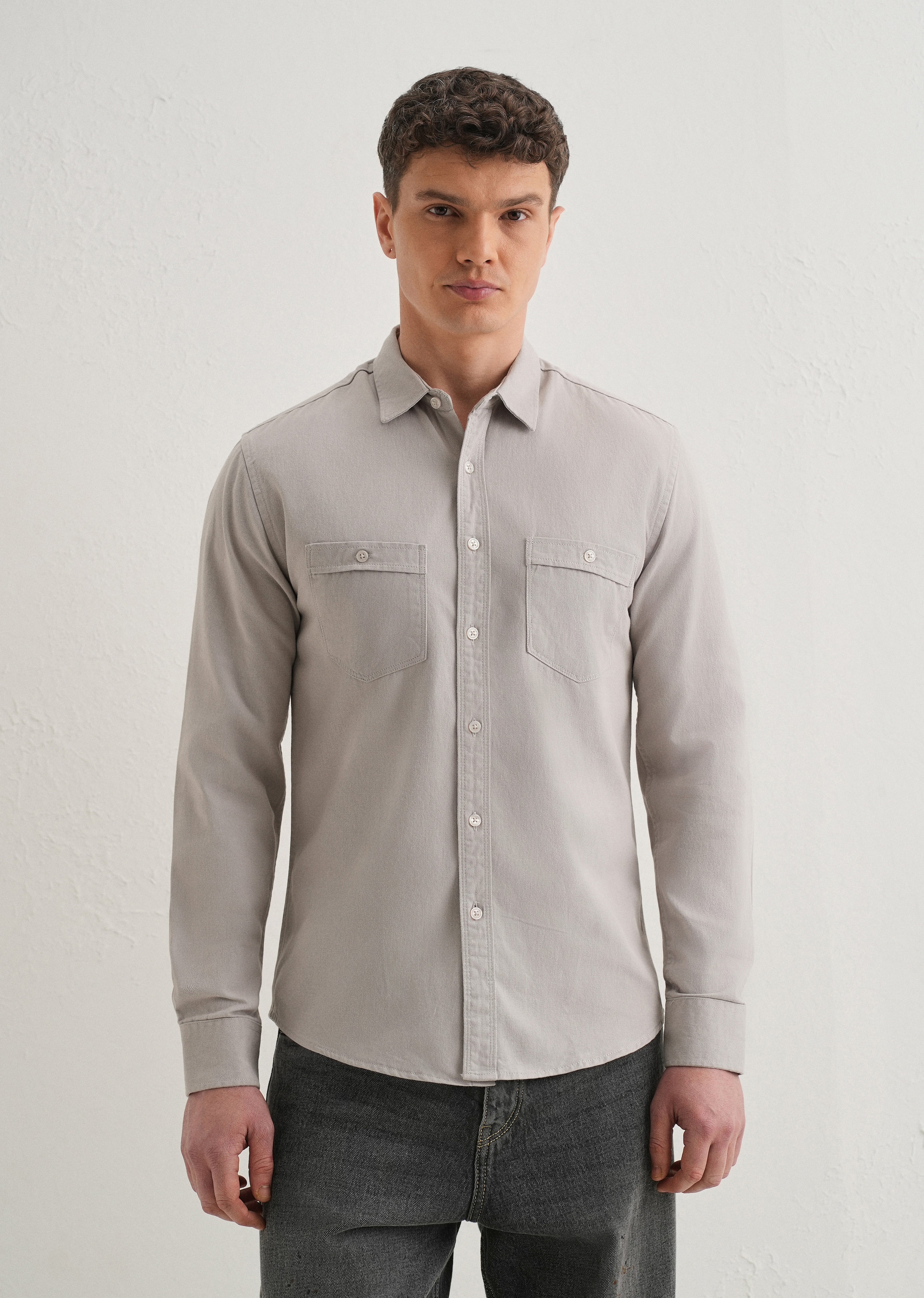 Grey Plain Double Pocket Shirt - Image 3