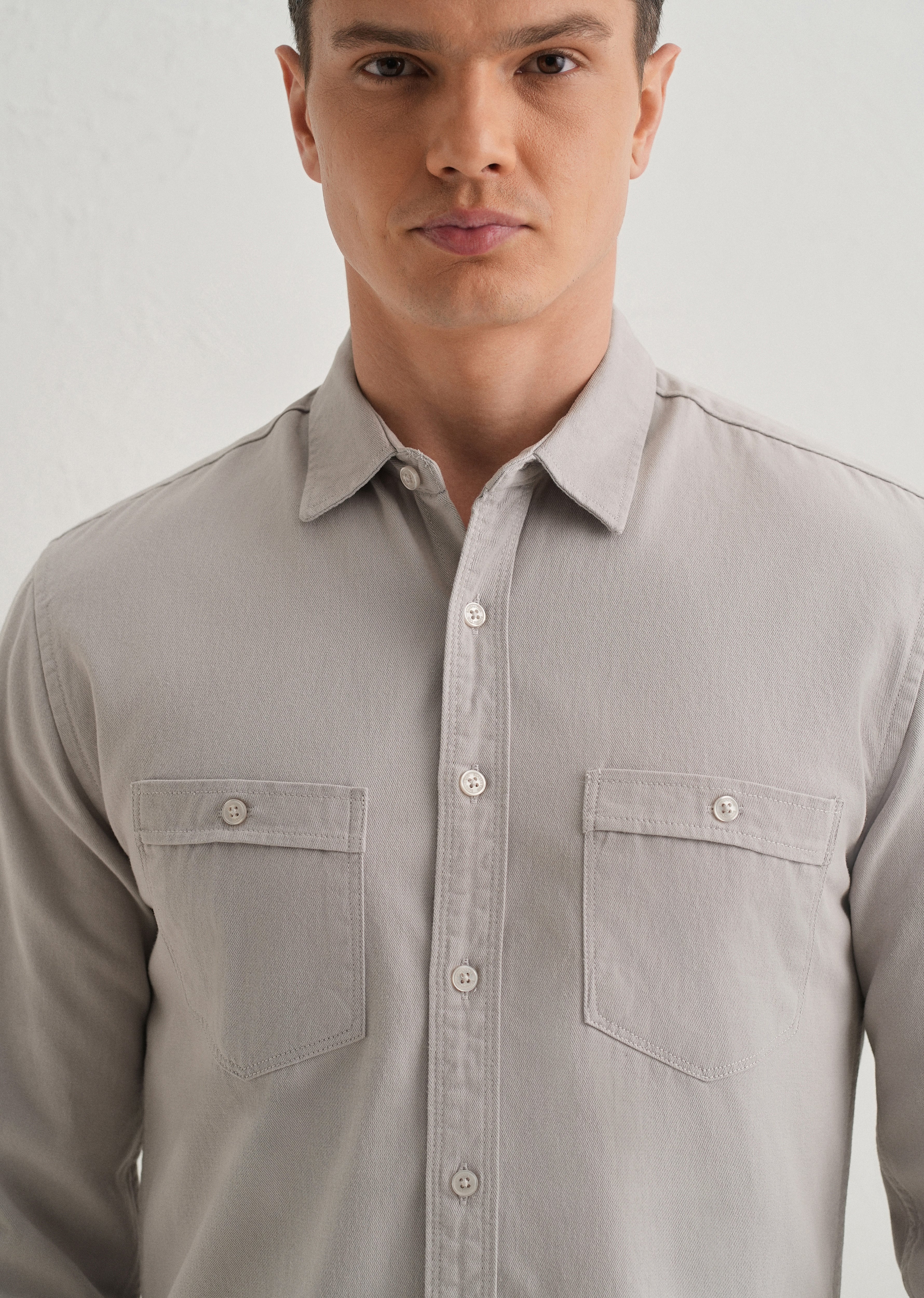 Grey Plain Double Pocket Shirt - Image 5