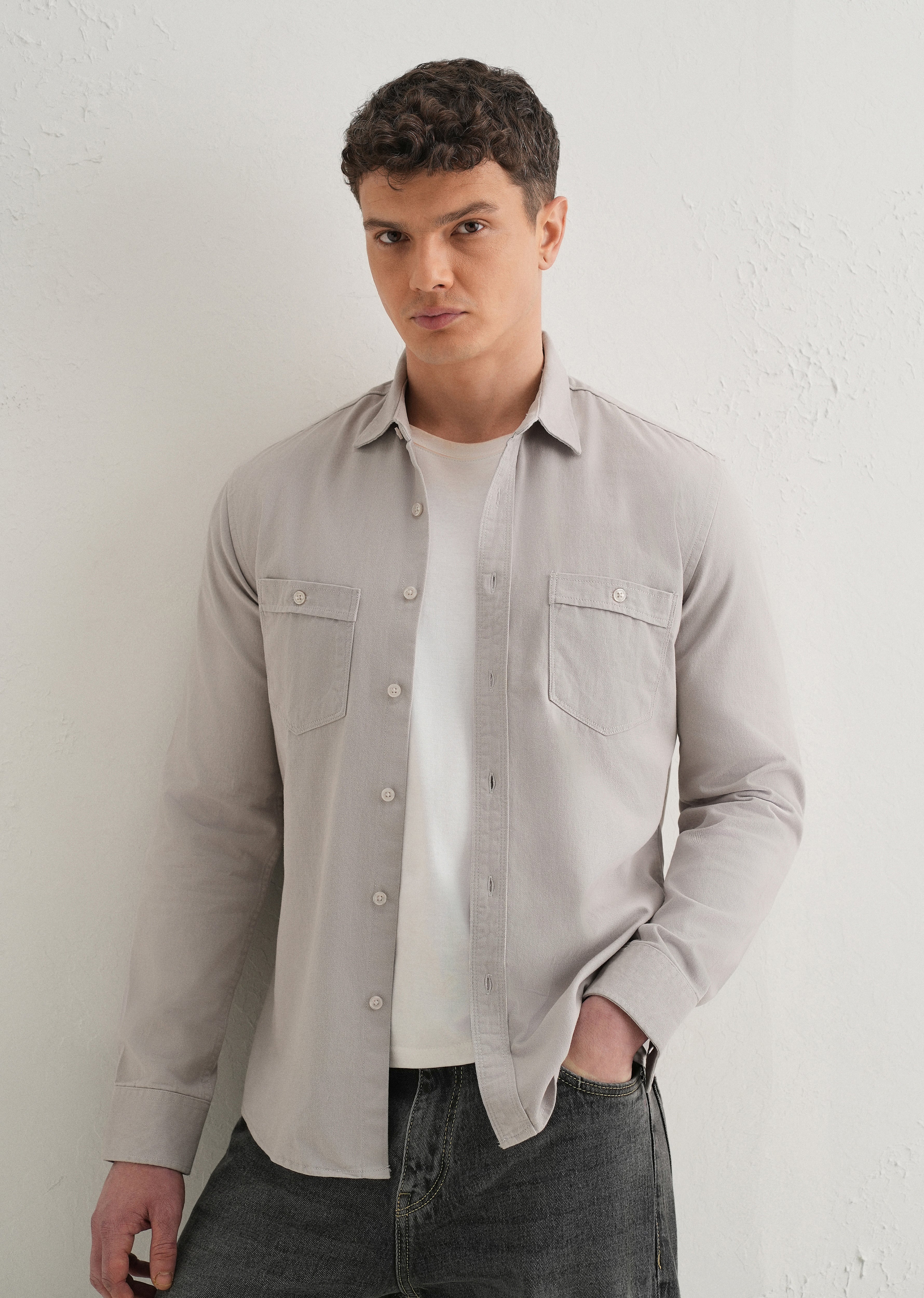 Grey Plain Double Pocket Shirt - Image 7