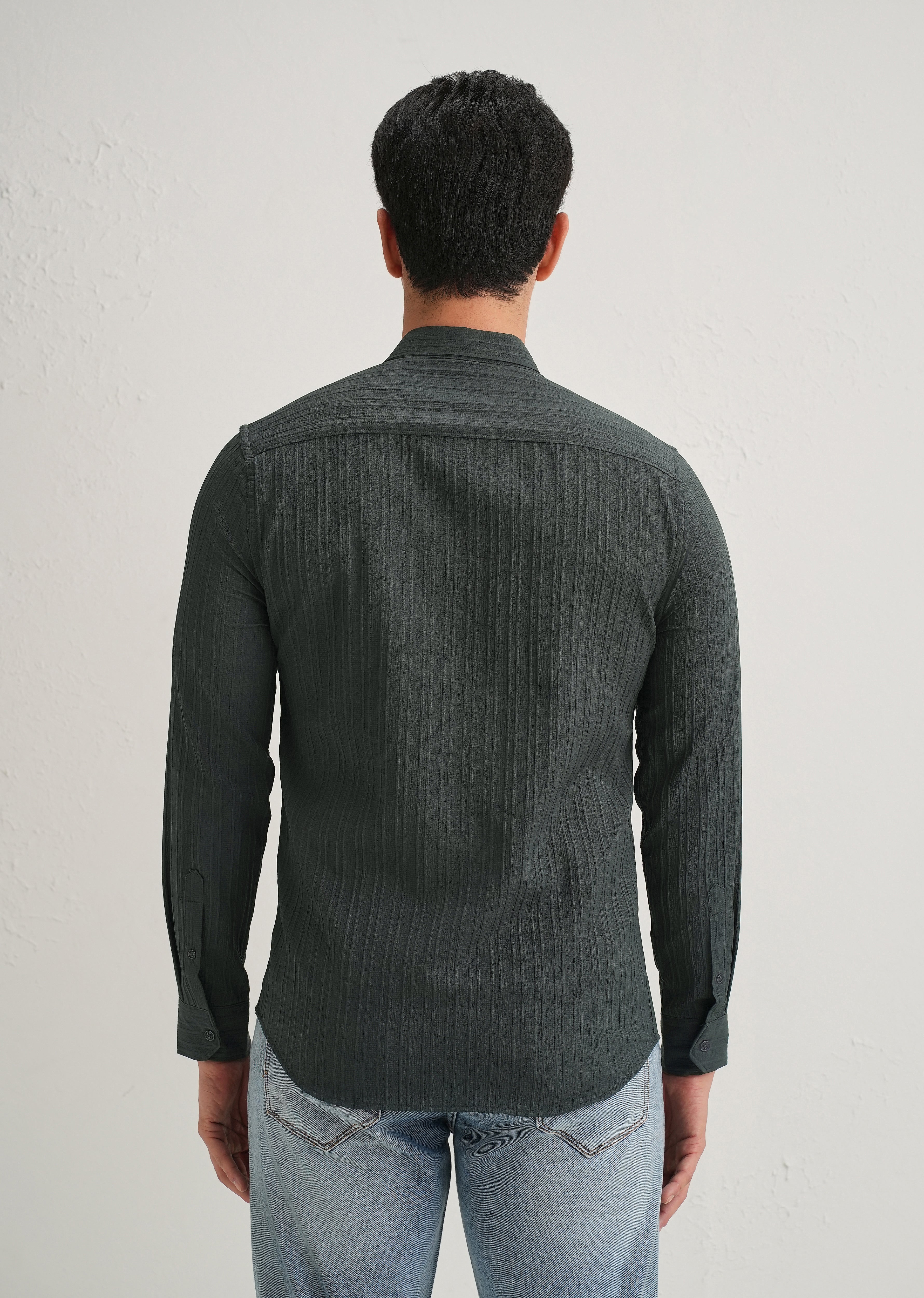 Grey Plain Self Striped Shirt - Image 2