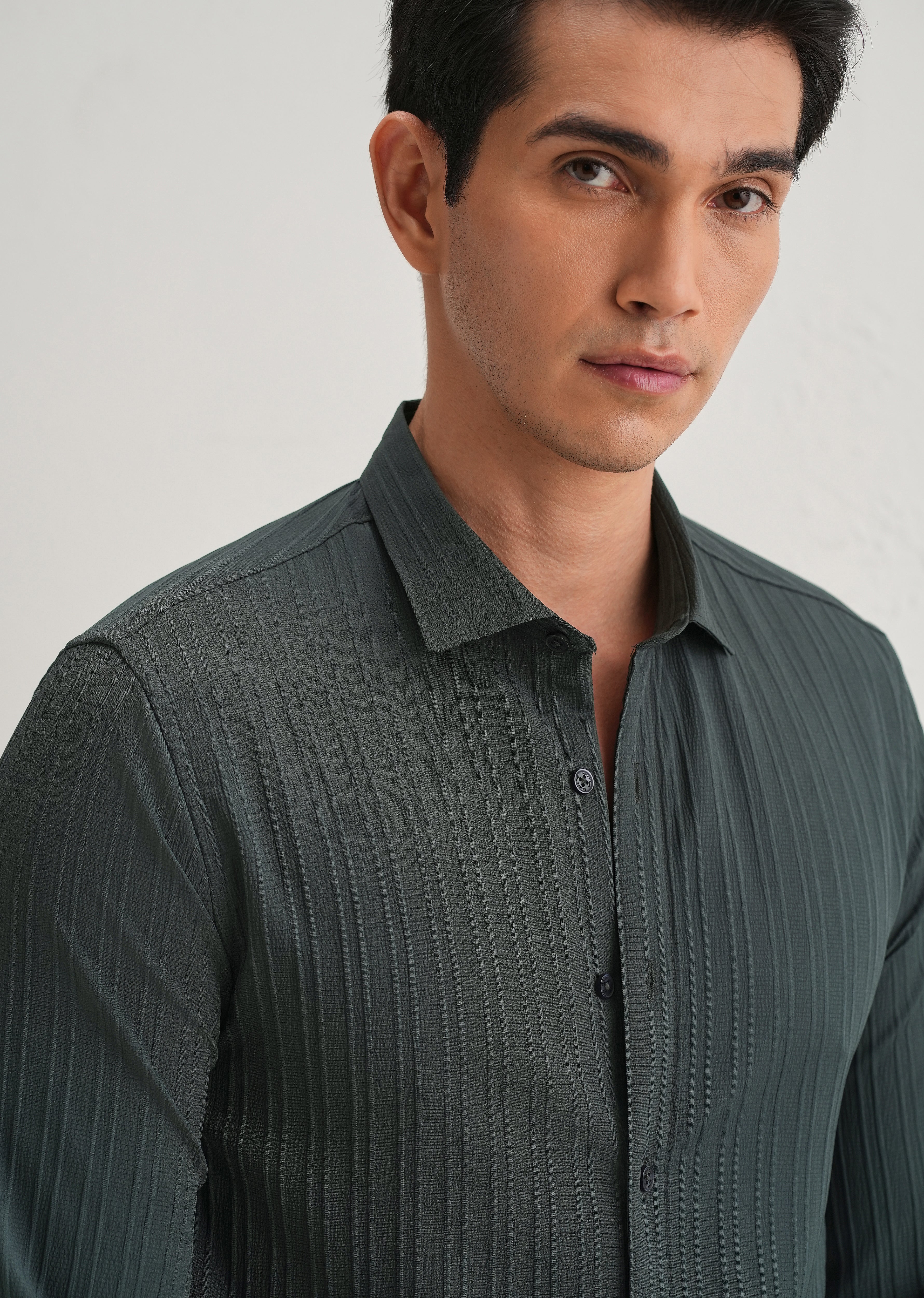 Grey Plain Self Striped Shirt - Image 5