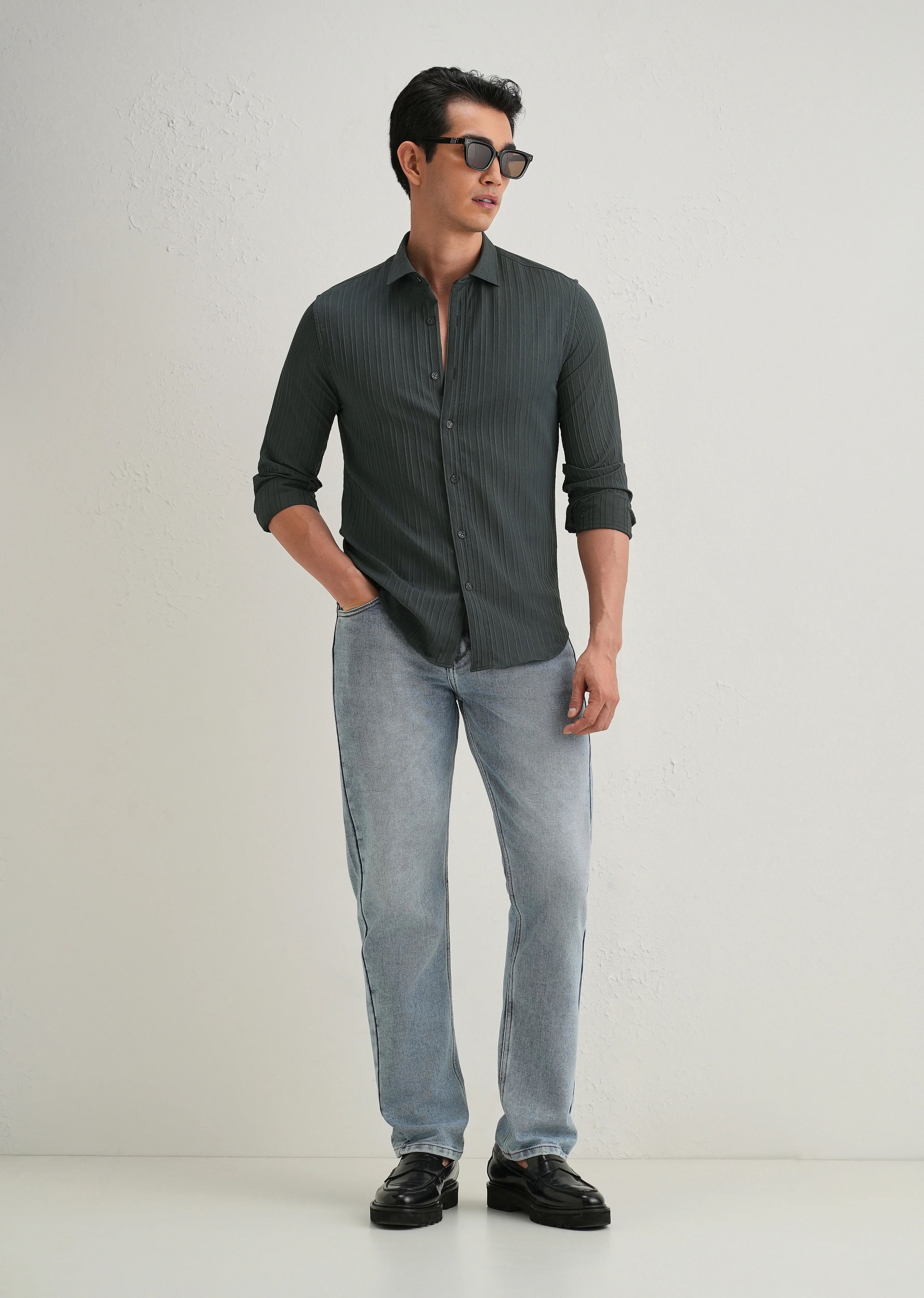 Grey Plain Self Striped Shirt - Image 6