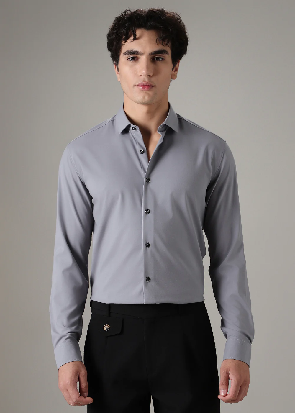 Grey Plain Wrinkle Free Shirt - Image 3