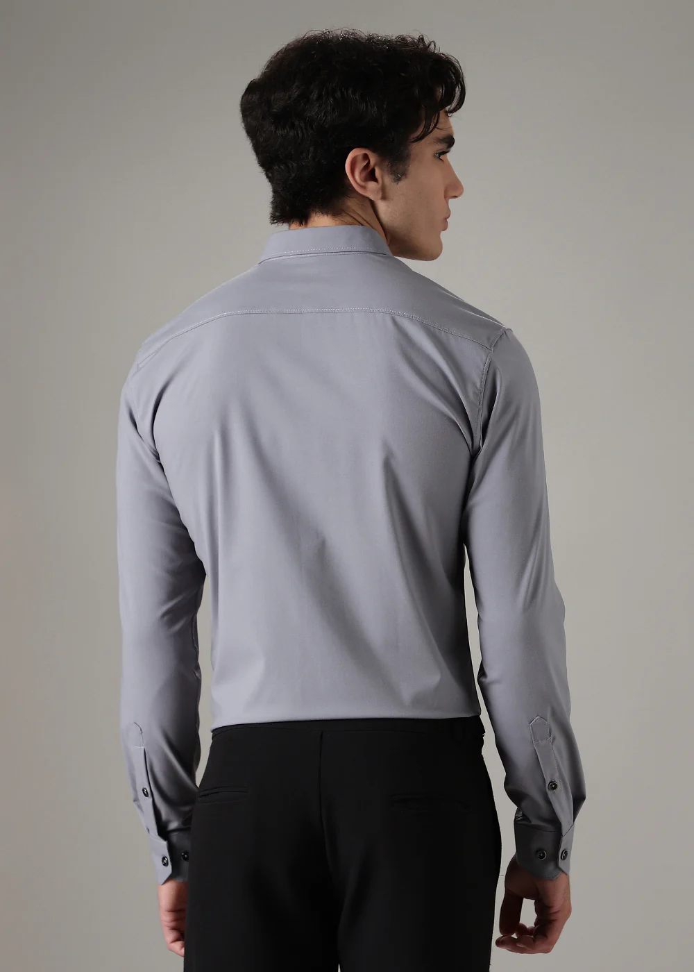 Grey Plain Wrinkle Free Shirt - Image 4