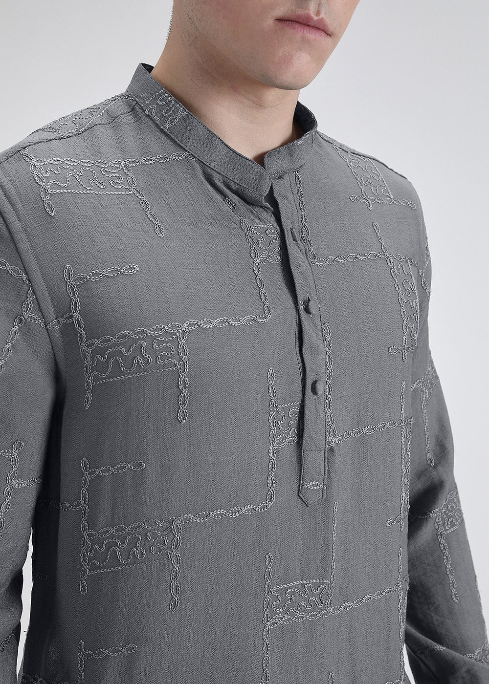 Grey Self Thread Embroidered Kurta - Image 2