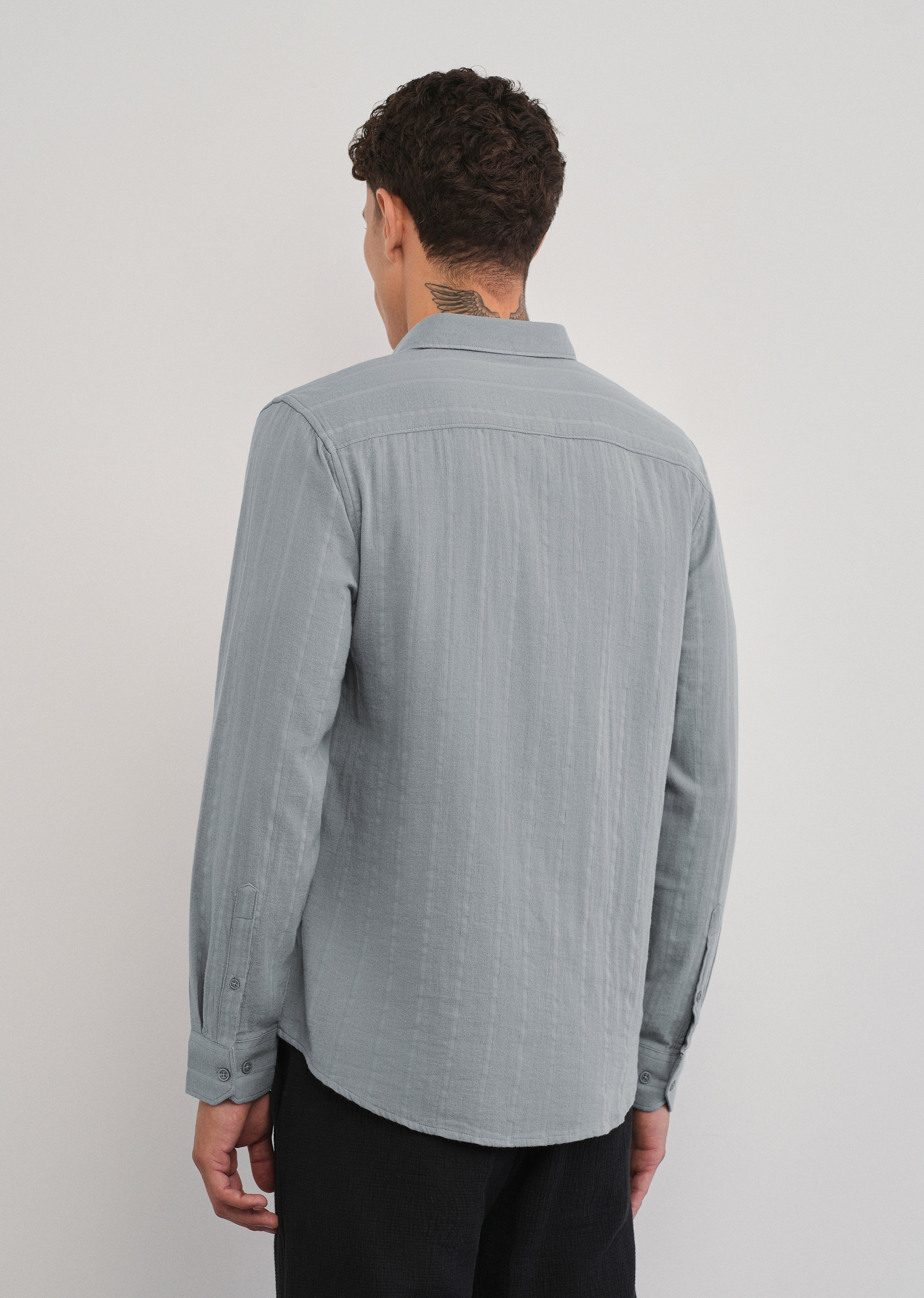 Grey Self Striped Cotton Shirt - Image 2
