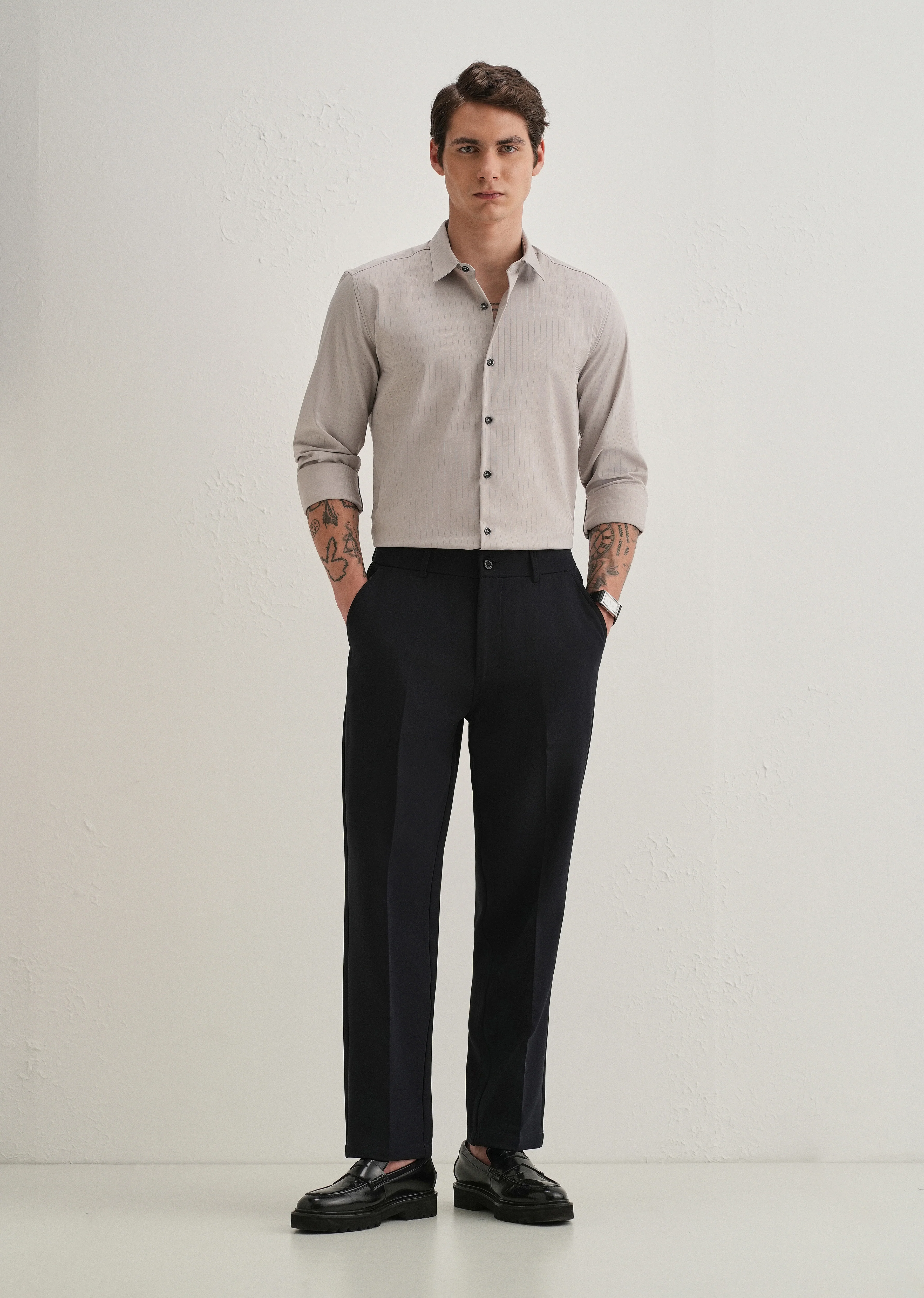 Grey Self Striped Plain Shirt - Image 7