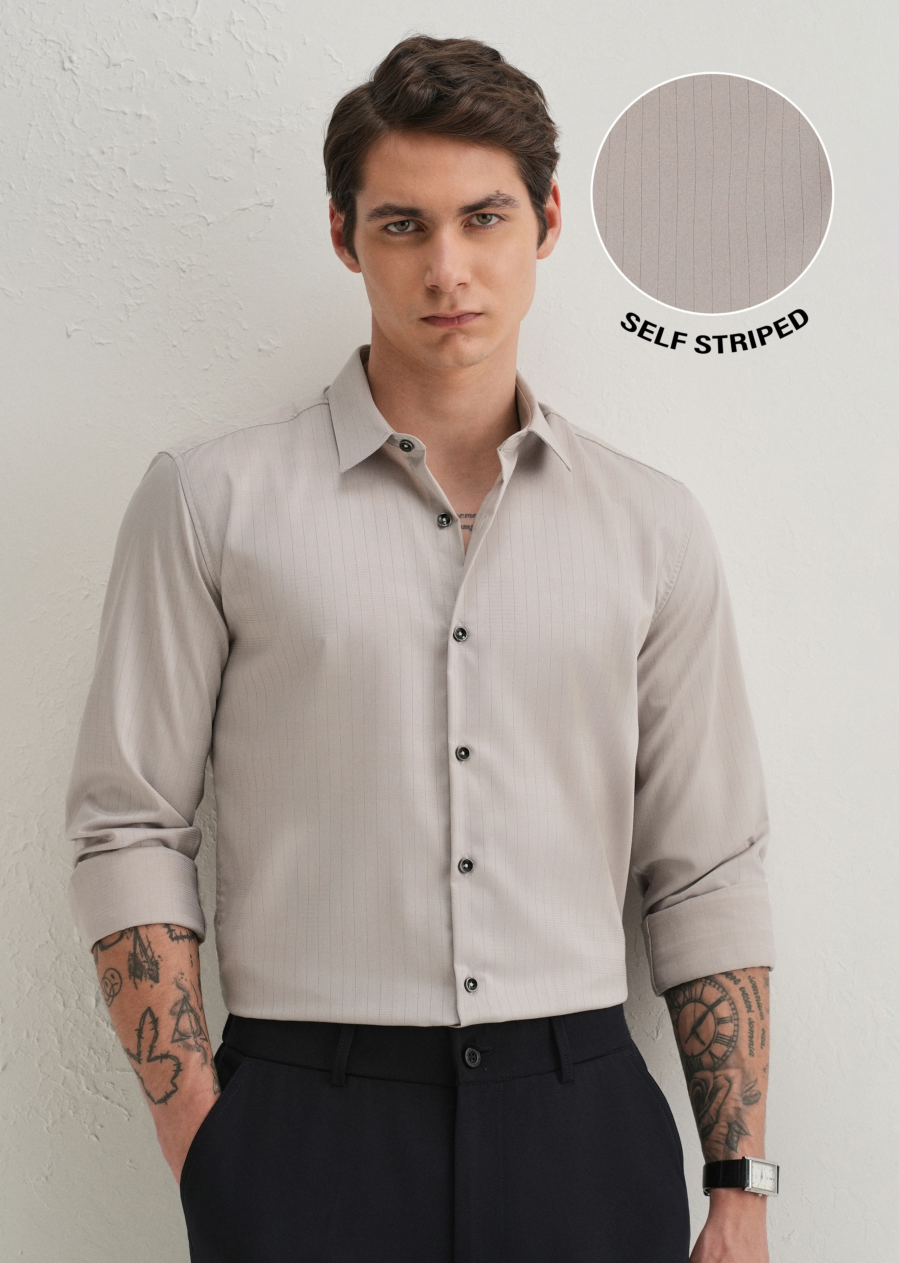 Grey Self Striped Plain Shirt - Image 8