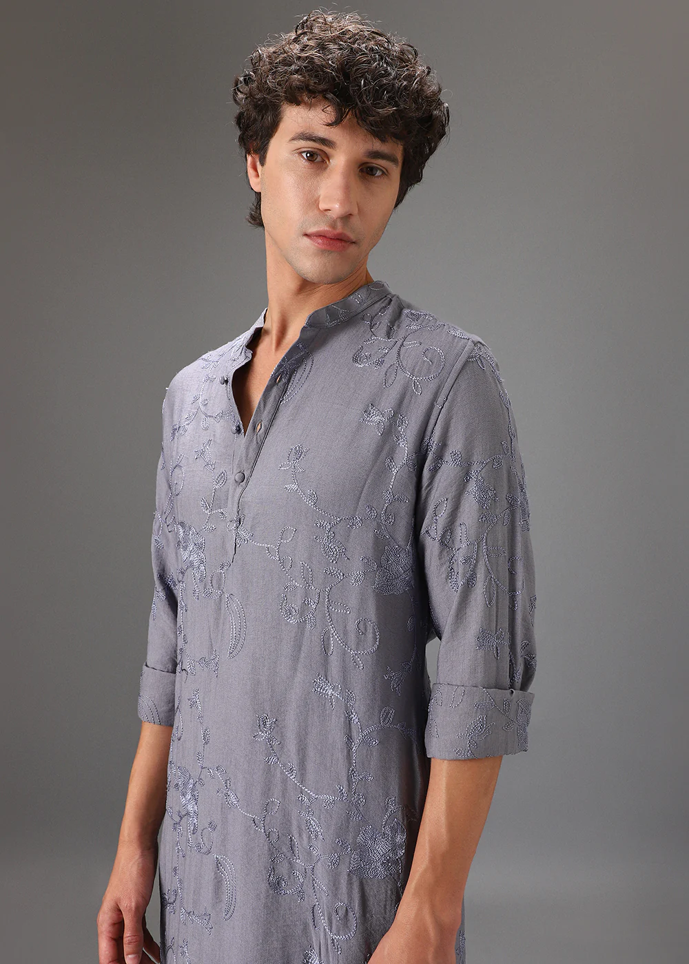 Grey Self Thread Embroidered Kurta - Image 2